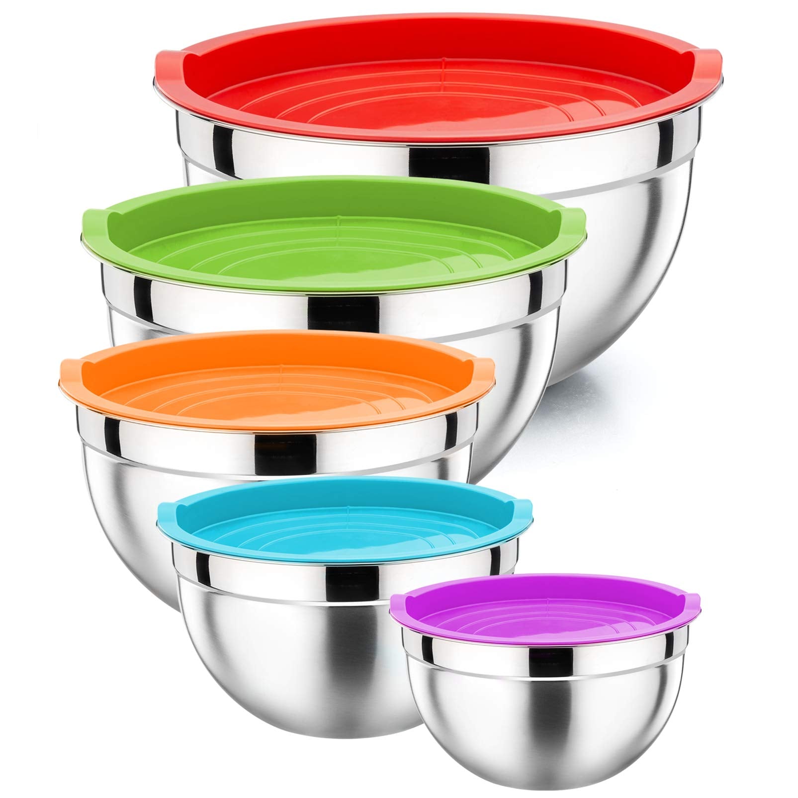P&P Chef Mixing Bowl With Lid Set Of 5, 10-Piece Stainless Steel Nesting Salad Bowl Set For Prepping, Mixing And Serving, Size 4