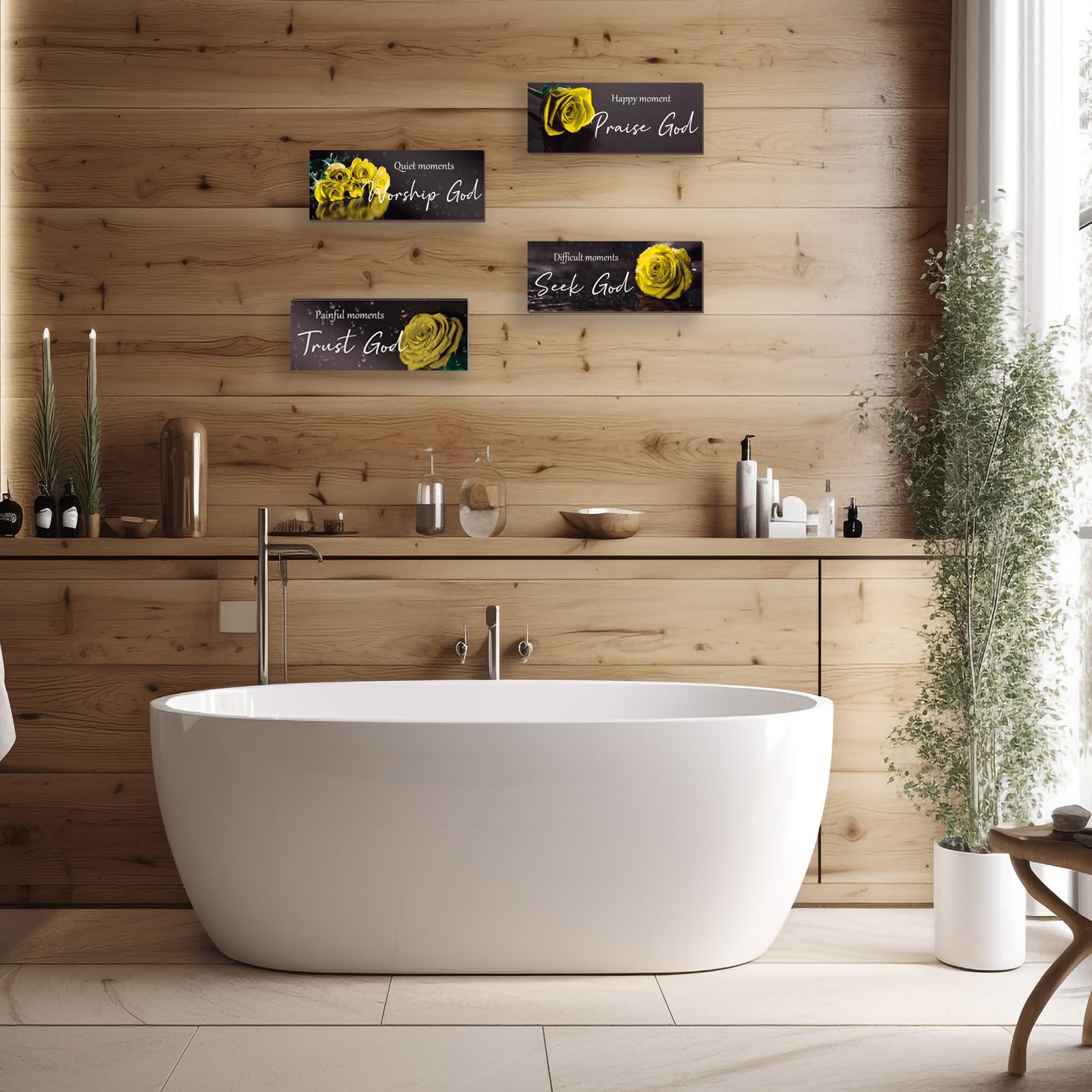 ONIZHITY 4Pcs Yellow Bathroom Decor Yellow Wall Decor Religious Bible Verse Rose Rustic Wooden Christian Sign for Home Bathroom