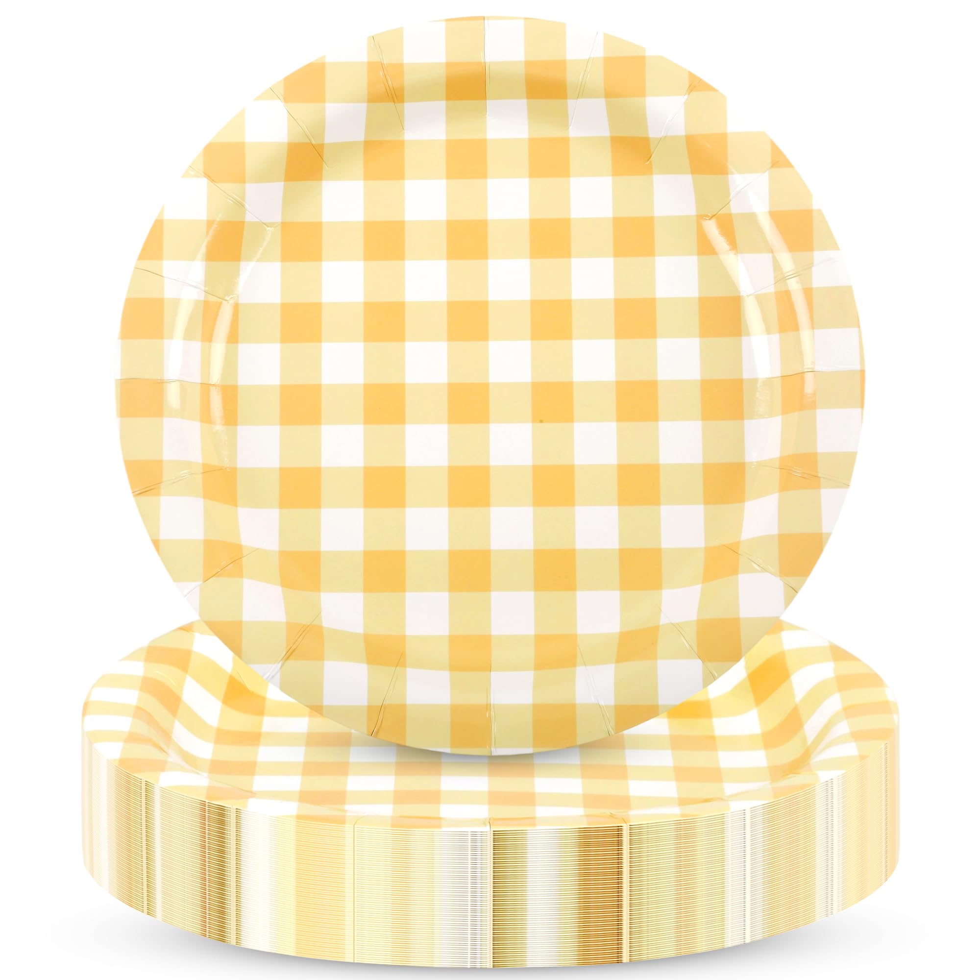 Houuqe 48Pcs 7 Inches Gingham Party Supplies Yellow Paper Plates Disposable Plaid Decorative Dinner Dessert Serving Plates for B