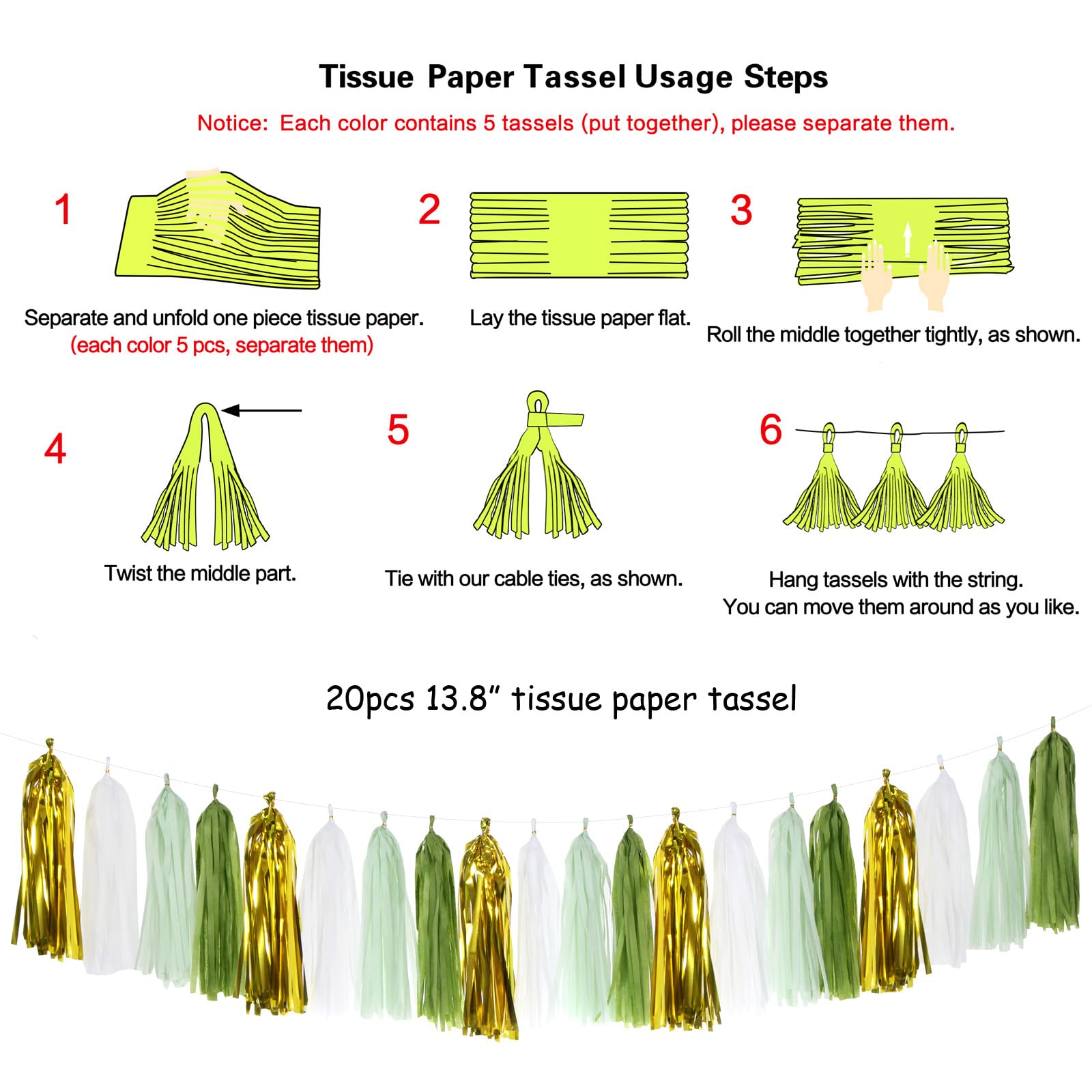 Sage-Olive Green Gold Party-Decorations Tassel-Garland - 20pcs Rustic Wedding Baby Shower Tassels Banner Streamers, Birthday Bac