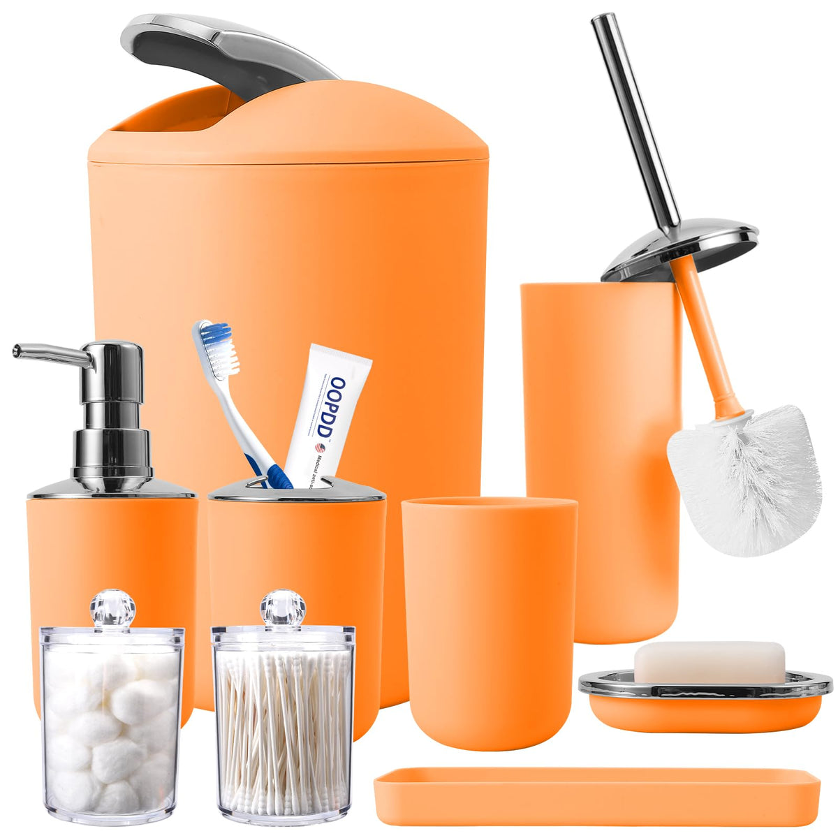 9 Pcs Orange Bathroom Accessories Set - Trash Can, Soap Dispenser, Soap Dish, Toilet Brush Holder, Toothbrush Holders, Tumbler,