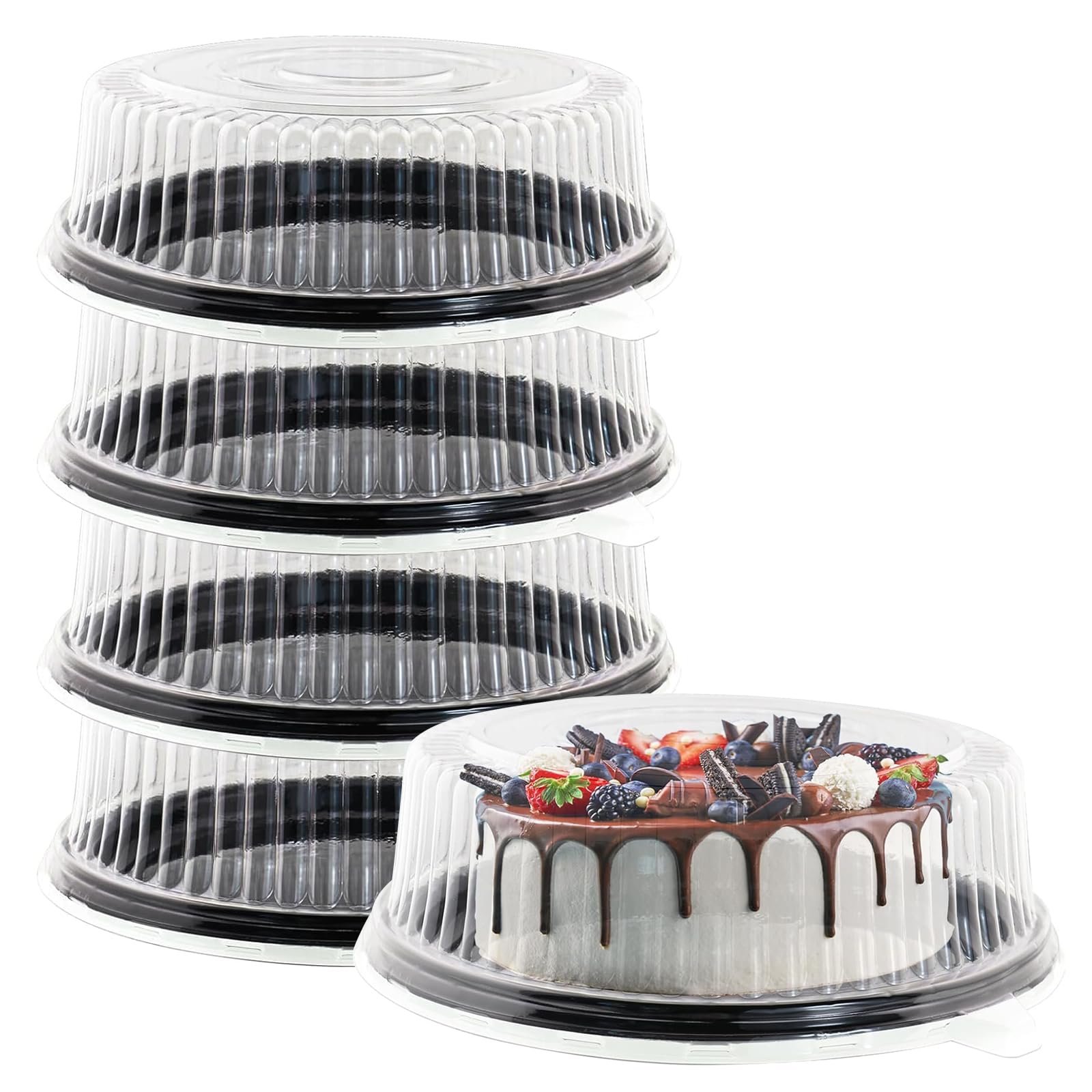 ATRDTO 5Pcs12 Inch Cake Containers with Lid Plastic Disposable Clear Cake Container Dome and Black Base Carry & Display Storage
