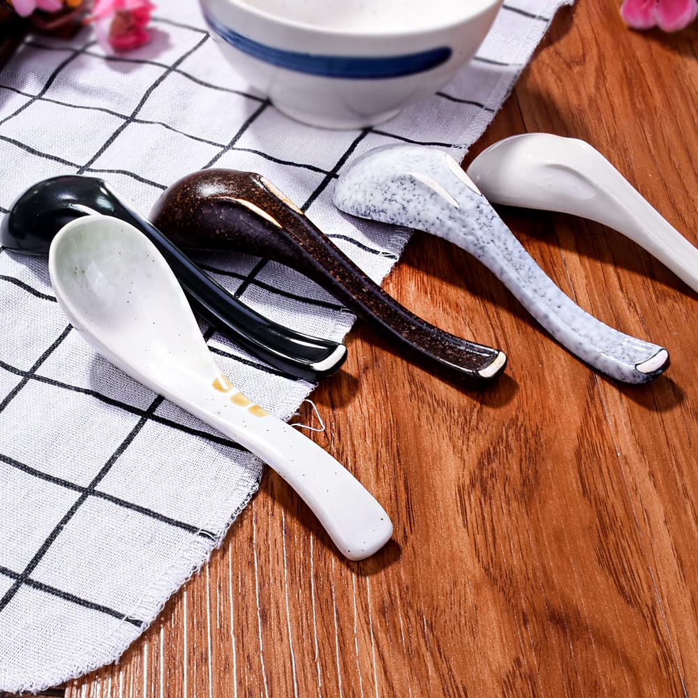 Whitenesser Japanese Soup Spoons Set Of 5 Asian Porcelain Soup Spoon For Ramen Wonton Pho Dumpling Dishwasher Safe