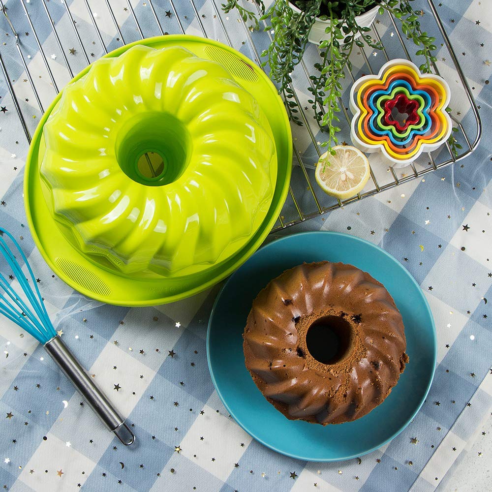 Webake Silicone Fluted Tube Cake Baking Pan 10 Inch Non-Stick Cake Mold Bakeware (Green)