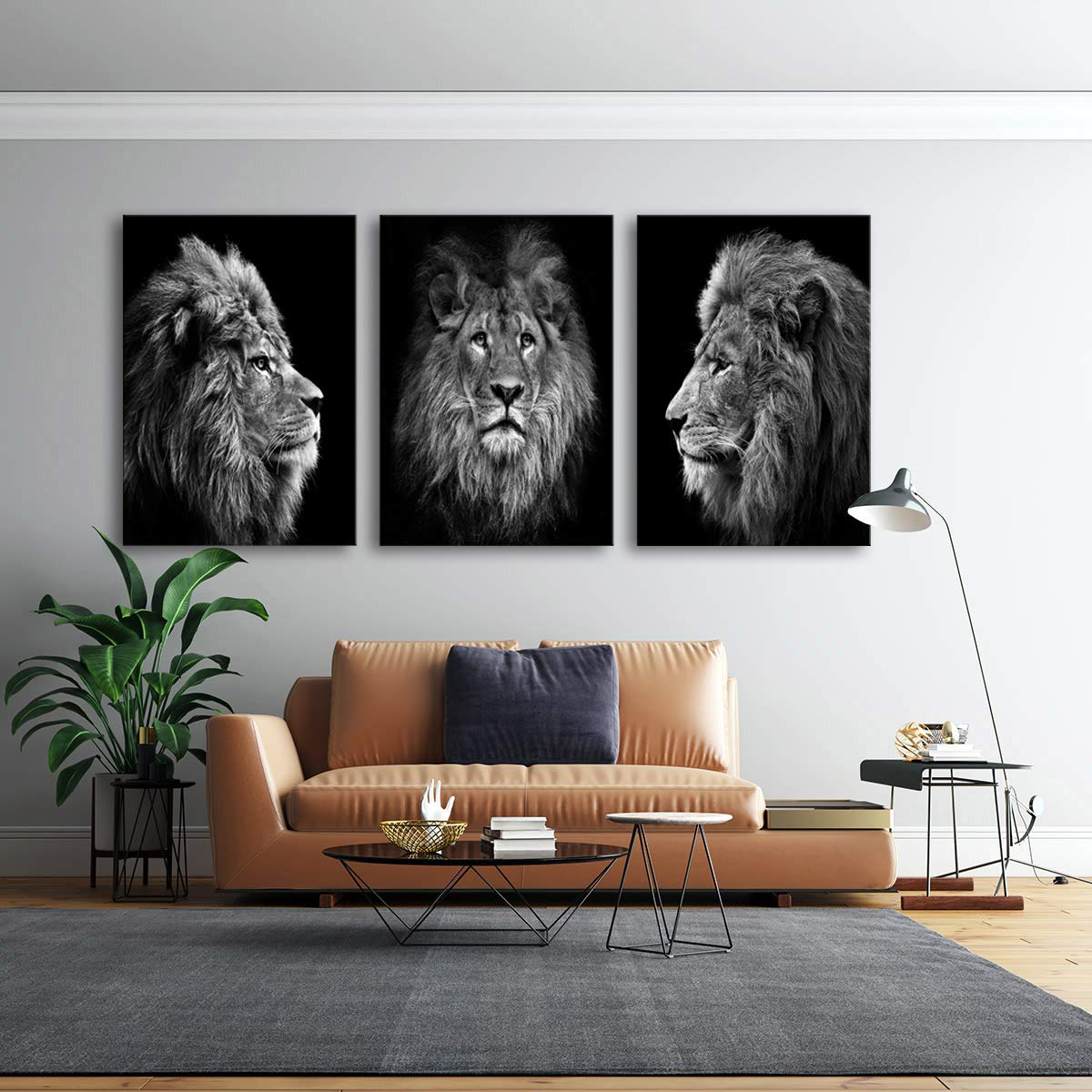 Muolunna Wall Art Black And White Lion Head Portrait Wall Art Painting Pictures Print 3 Pieces Canvas Animal For Bedroom Living