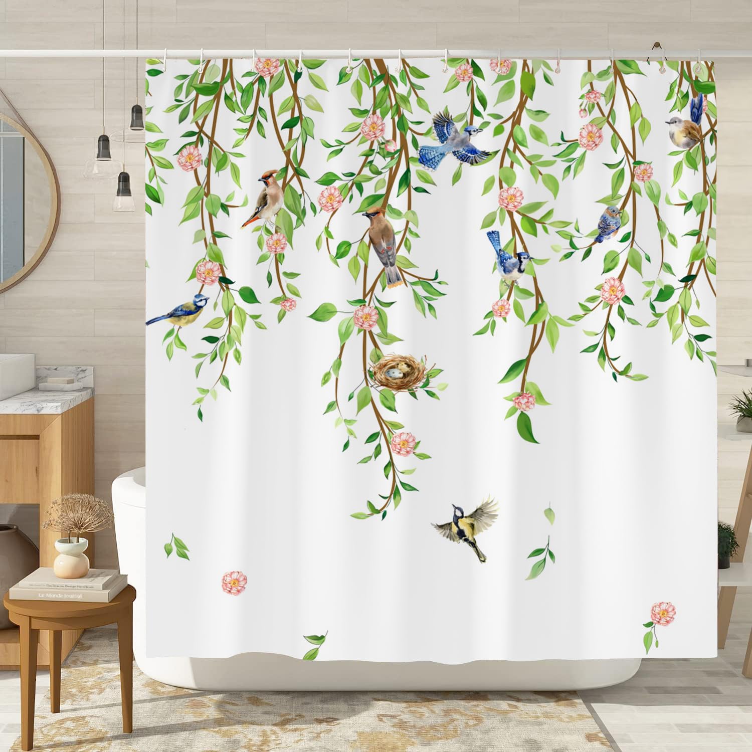 Cokomi Green Leaf Shower Curtain, Spring Watercolor Botanical Plant Leaves With Birds Green Floral Shower Curtains For Bathroom,