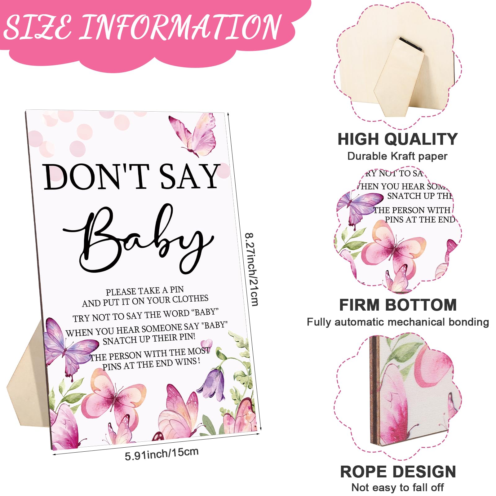 Unittype 51 Pcs Don'T Say Baby Shower Game Supplies Include Purple Butterfly Theme Baby Shower Sign And 50 Mini Butterfly Clothe