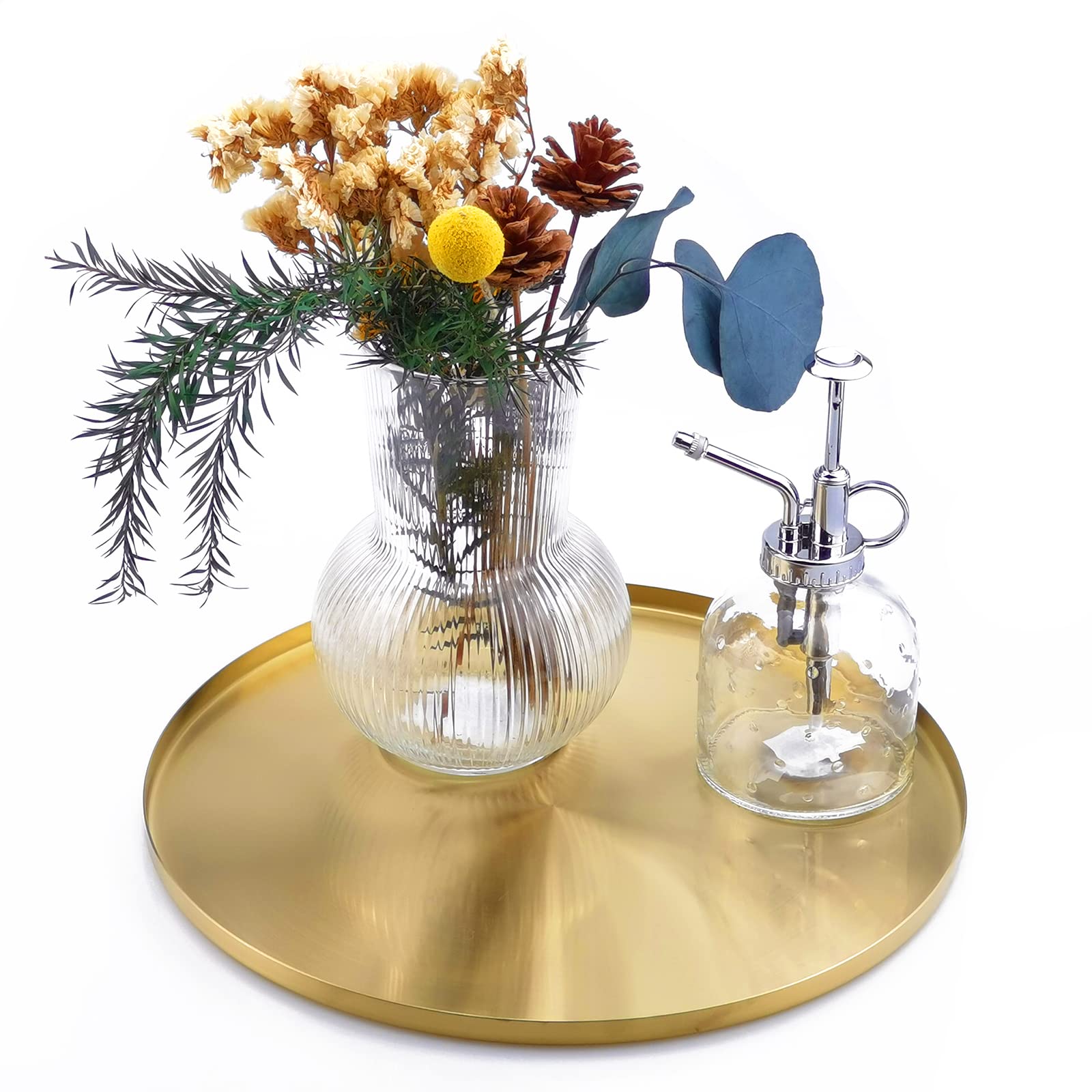 Freelove Brass Gold Serving Tray, Circle Round Decorative Platter, Metal Brushed Decor Plate, 12 Inch Golden Circular Server, De