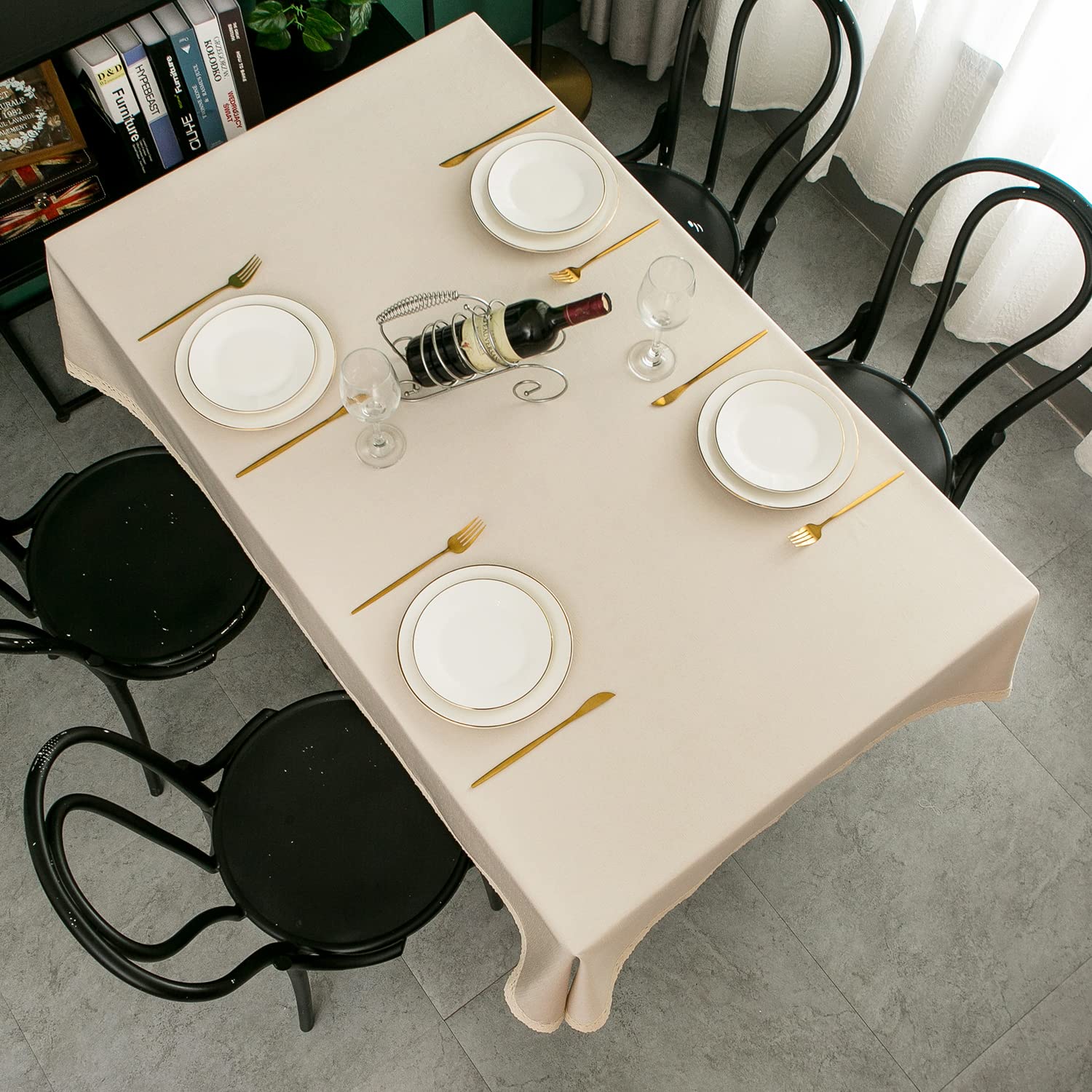 Ehousehome Faux Linen Tablecloth With Lace Trim - Waterproofspill Proofstain Resistantwrinkle Freeoil Proof - For Banquet, Parti