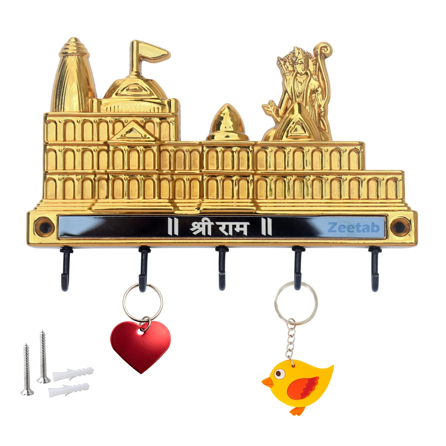 Zeetab Ram Mandir Key Holder, Ayodhya Key Stand & Wall Mount Hanger with 6 Hooks, Home Decor Gift (6x4 Inch) (Golden)