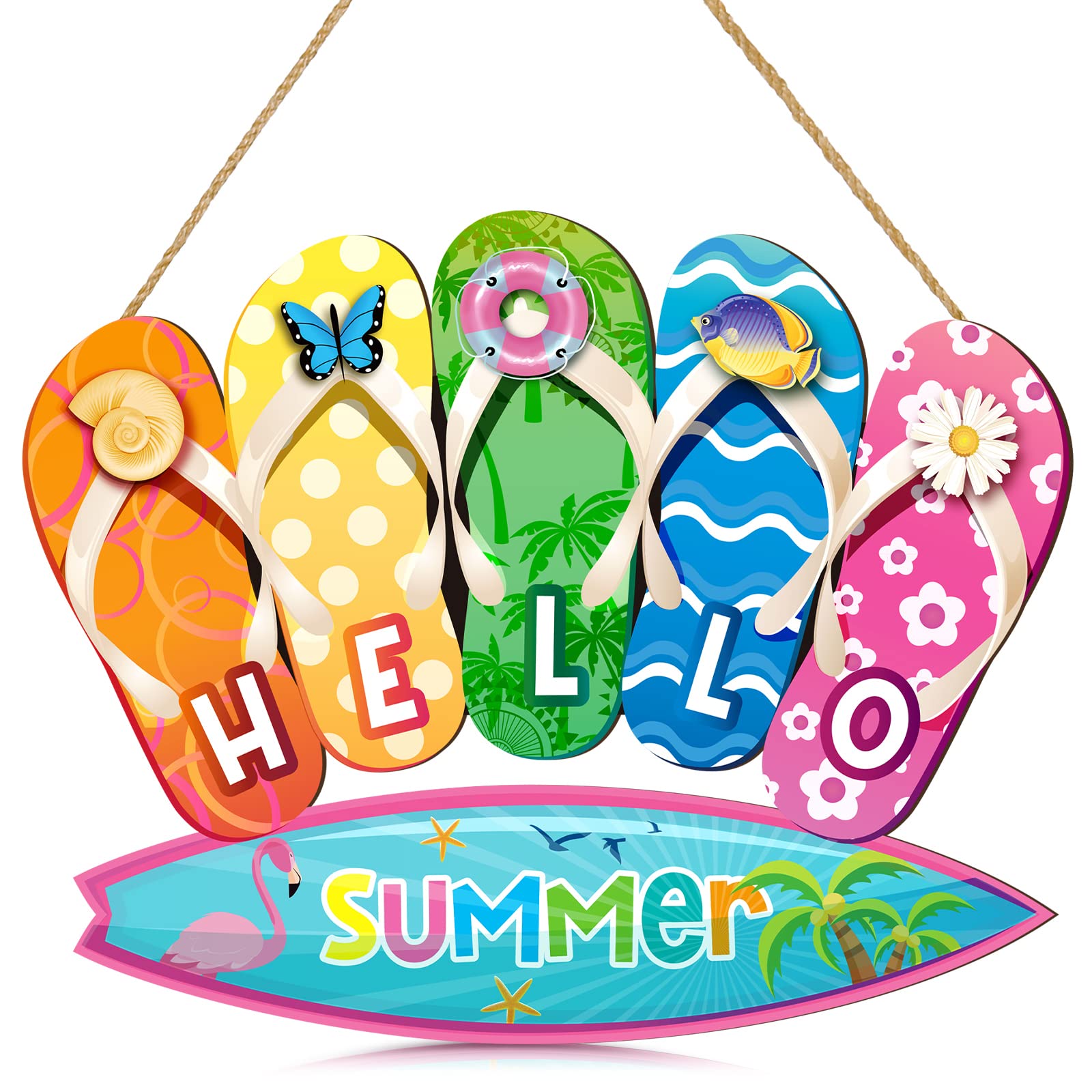 Jetec Summer Slippers Hanging Sign Shape Welcome Hello Flip Flop Wooden Door Sign Hanging Plaque Rustic Wall Sign Yard Indoor Ou