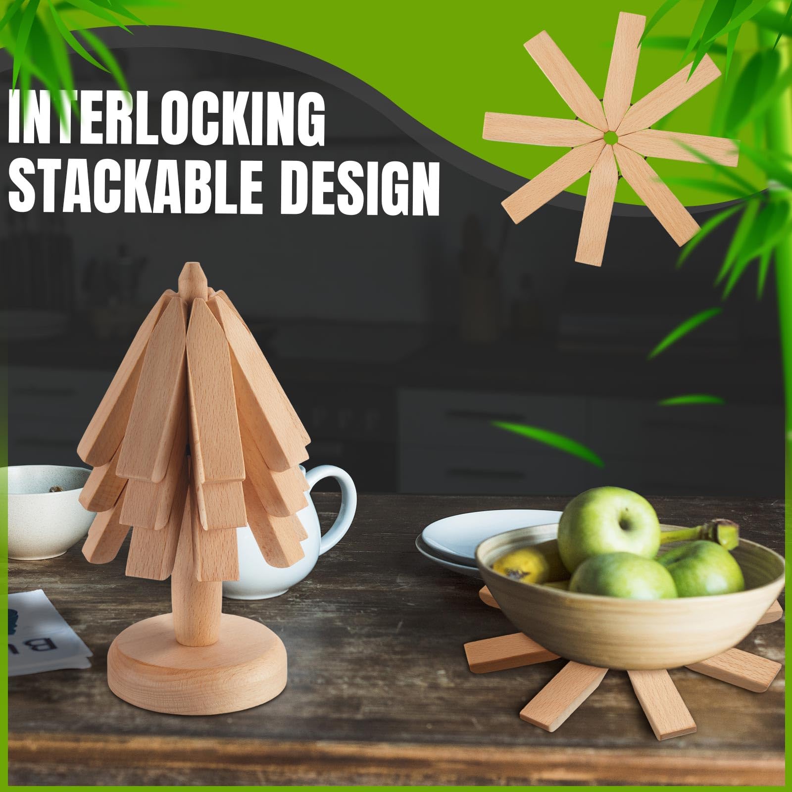 Suzile 2 Set Wooden Trivets For Hot Dishes Tree Shape Trivet Set Wood Table Mat Tree Design Trivet Mats Foldable Heat Resistant