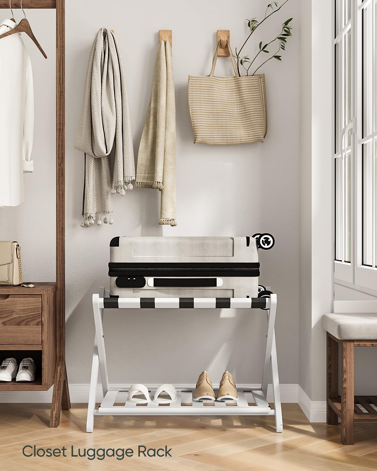 Smart Fendee Fully Assembled White Bamboo Luggage Rack, 5 Straps Folding Suitcase Stand With Shoe Shelf, Heavy Duty Wood Large L