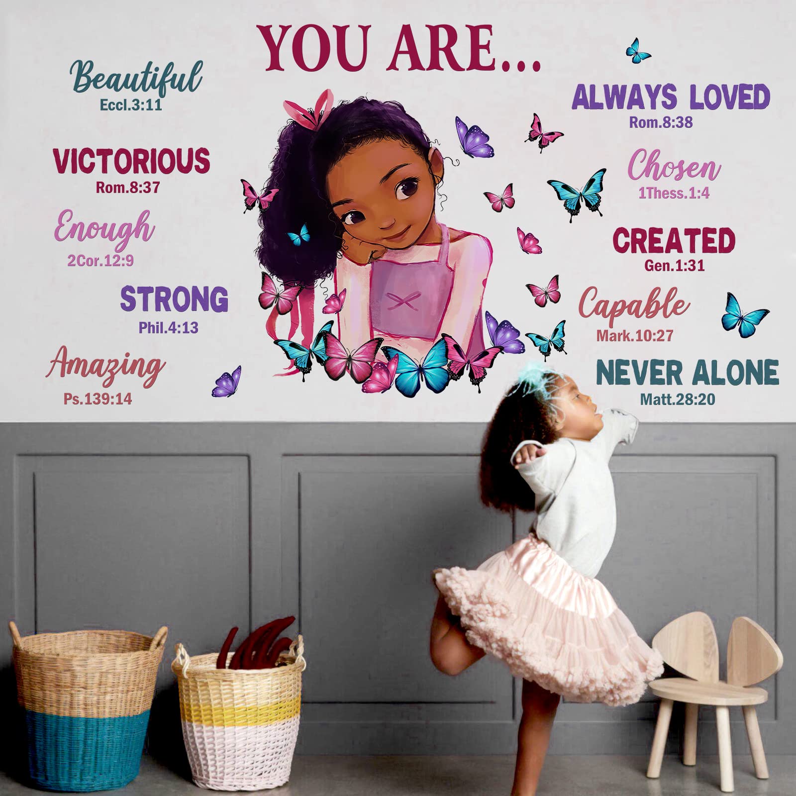 Yovkky Black Girl Religious Butterfly Wall Decal Sticker  Positive Saying African American You are Beautiful Nursery Decor  Inspirational Home Afro Kid Room Decoration Bedroom Playroom Art Gift