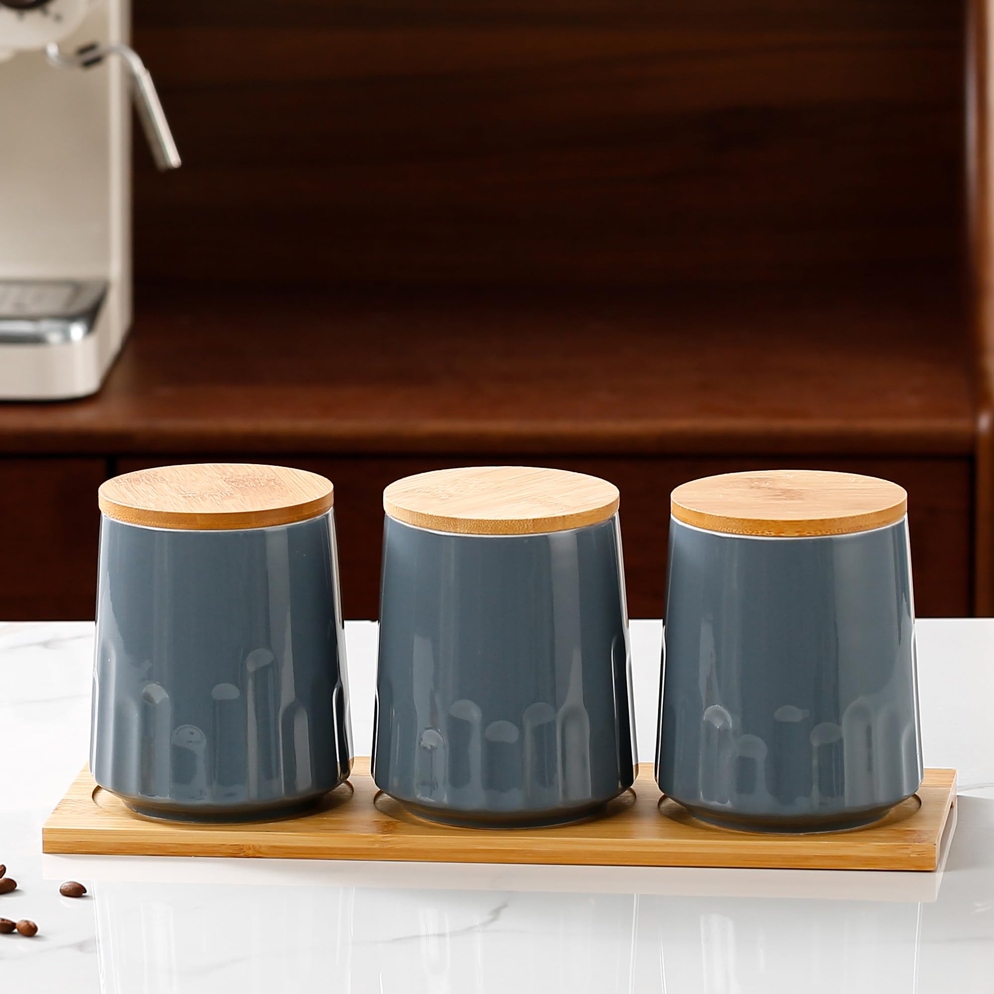 Umai Ceramic Jar Set Of 3 With Bamboo Lids | Airtight Kitchen Containers Set | Kitchen Accessories Items | Multipurpose Jars For