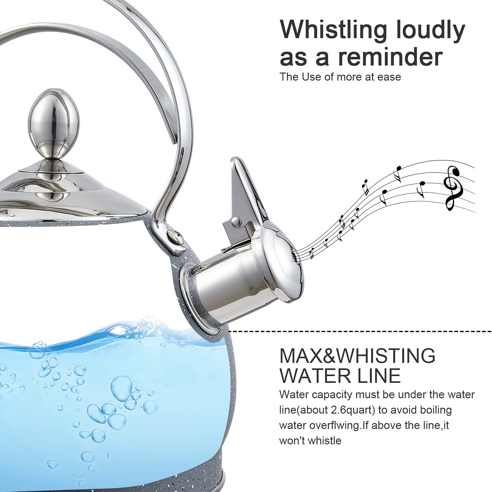 Creative Home 2.5 Qt. Stainless Steel Whistling Tea Kettle Teapot With Aluminum Capsulated Bottom For Fast Boiling Heat Water, F