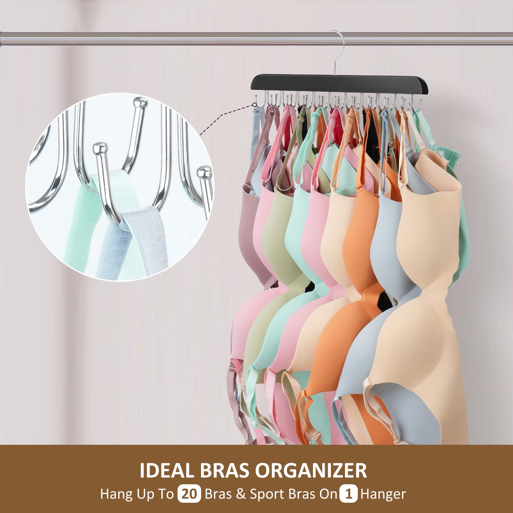 Zedodier Bra Hanger For Closet, 2 Pack Tank Top Hanger 40 Hooks Capacity, Wood Space Saving Hanger Closet Organizers And Storage