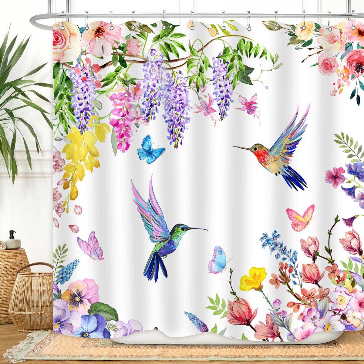 Zxmbf Watercolor Flower Hummingbird Shower Curtain Spring Bird Butterfly Floral Plant Nature Modern Home Bathroom Bathtub Decor