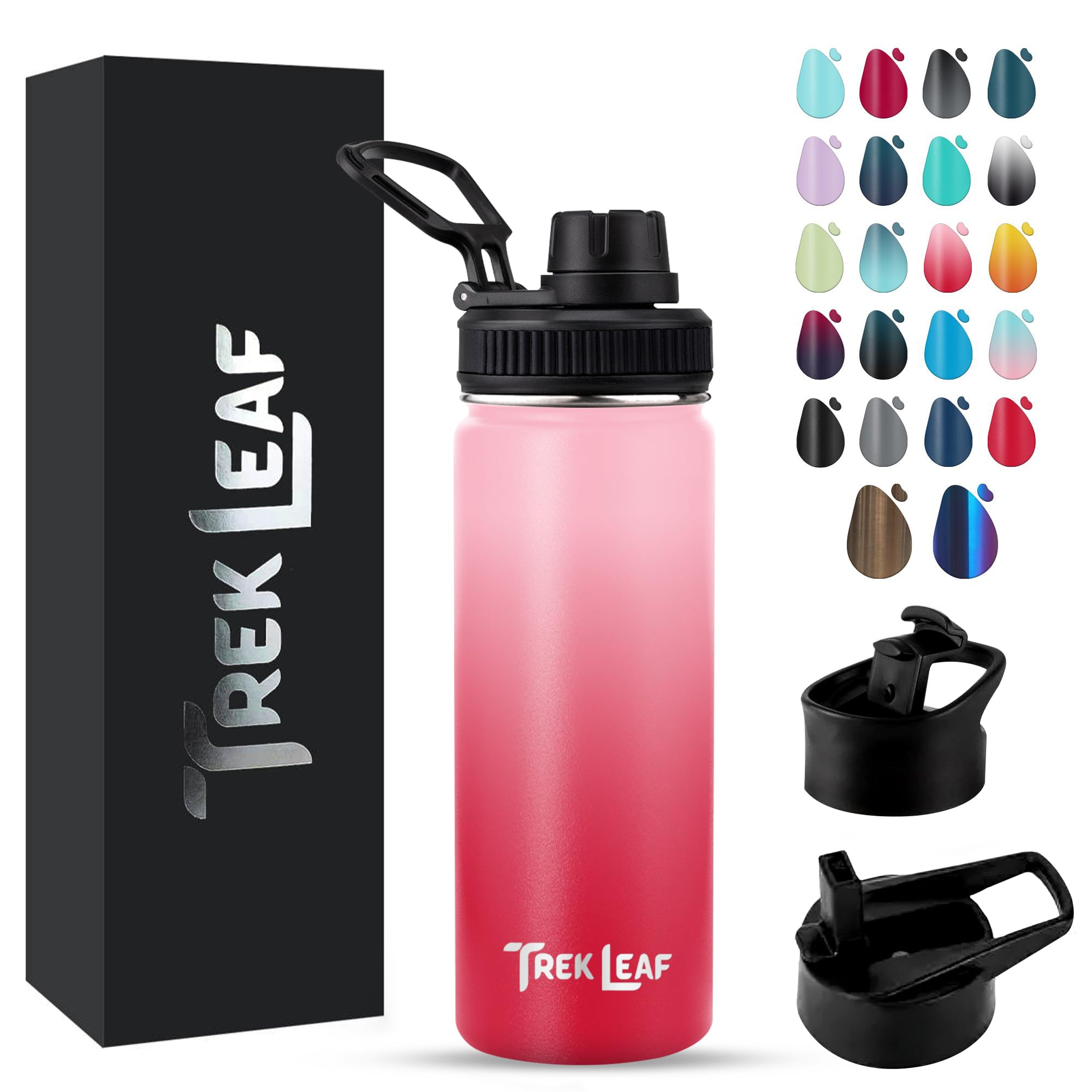 Trek Leaf Travel Water Bottle with 3 Lids (Spout, Straw, Flip) Leak Proof, Quality, Vacuum Insulated, Stainless Steel (Blush, 18