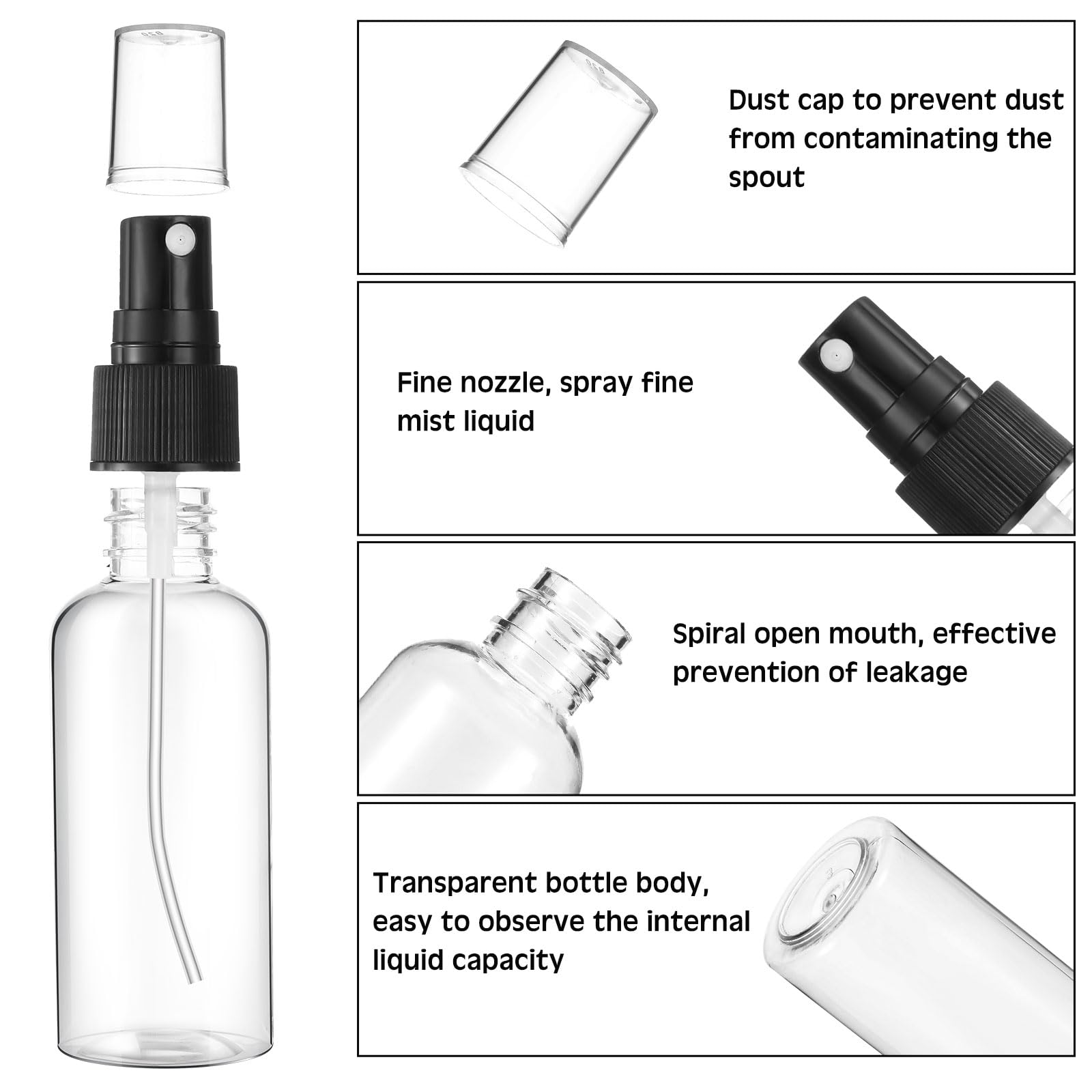 Roshtia 100 Pcs 2 Oz Plastic Spray Bottles Mini Spray Bottles With Black Cap Clear Empty Fine Mist Spray Bottles Refillable Liqu