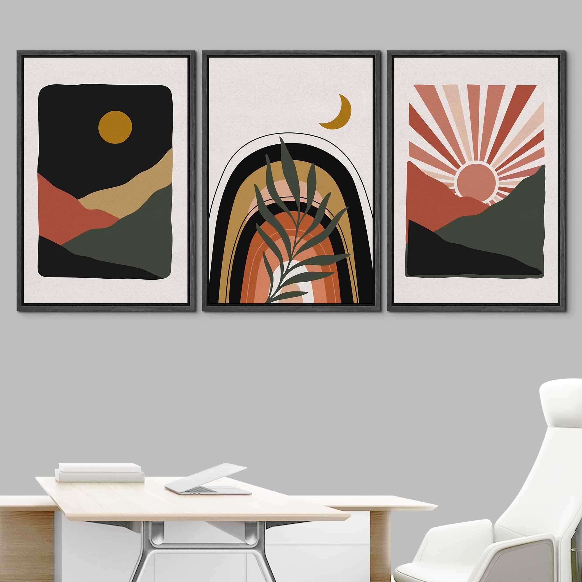 Idea4Wall Framed Canvas Print Wall Art Set Mid-Century Geometric Wild Landscapes Abstract Shapes Illustration Modern Art Decorat
