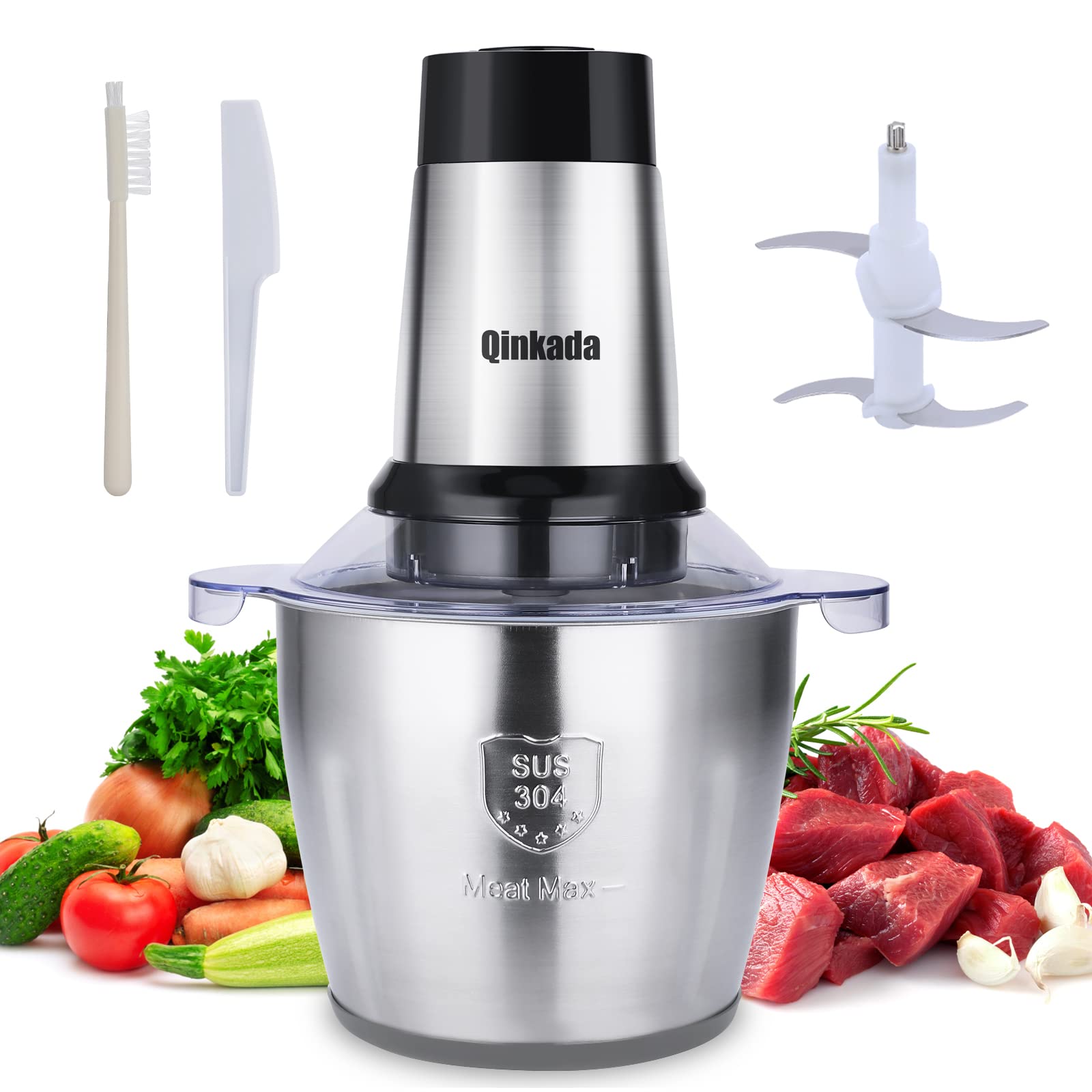 Qinkada Meat Grinder, 500W Powerful Food Processors, 14Cup Stainless Steel Bowl, 3 Speed Modes 4 Bi-Level Blades for Onion, Meat