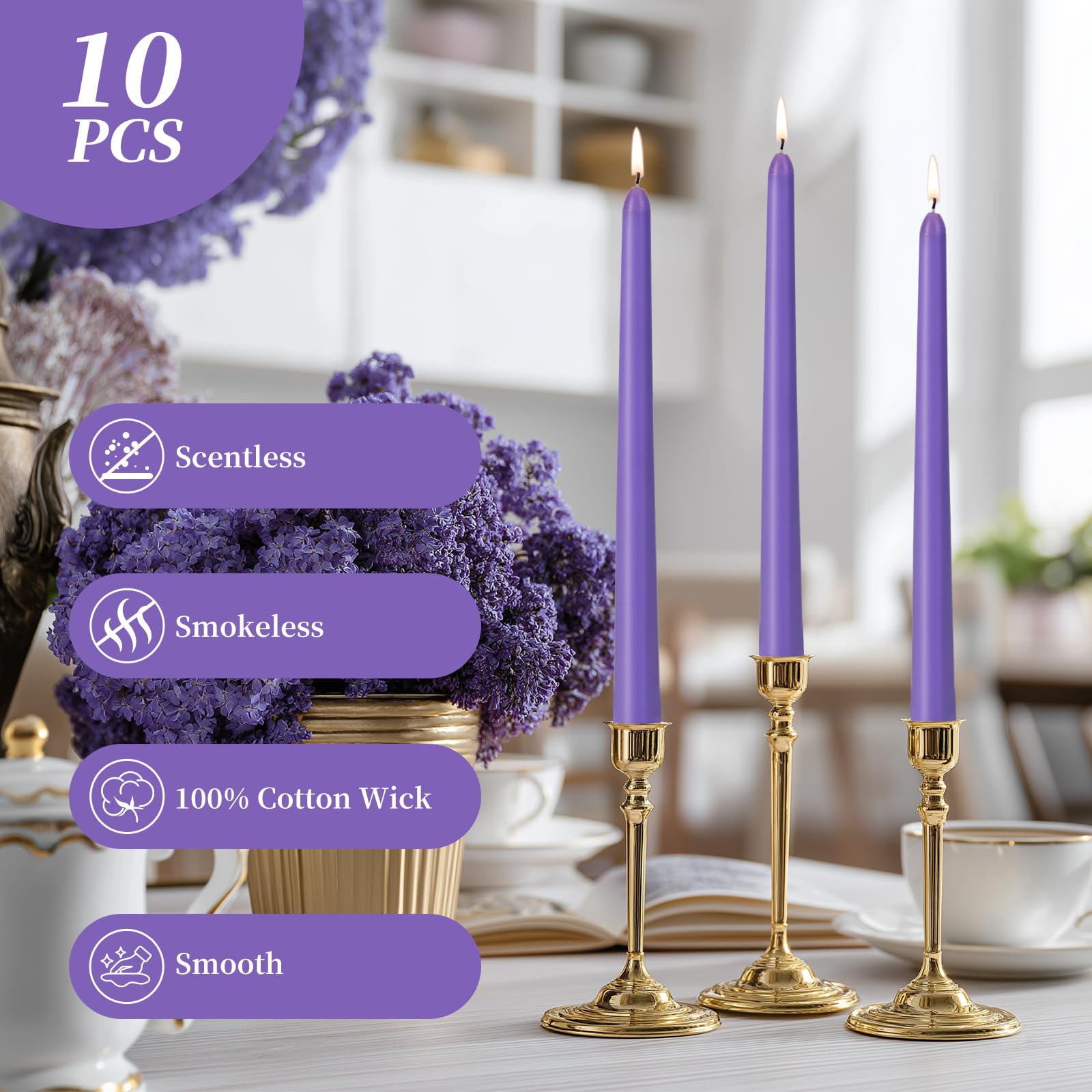KONNI 0.87  10 Inch Violet Taper Candles, Unscented and Smokeless Tall Candlesticks, 10 Pack Tapered Candles with Cotton Wicks,