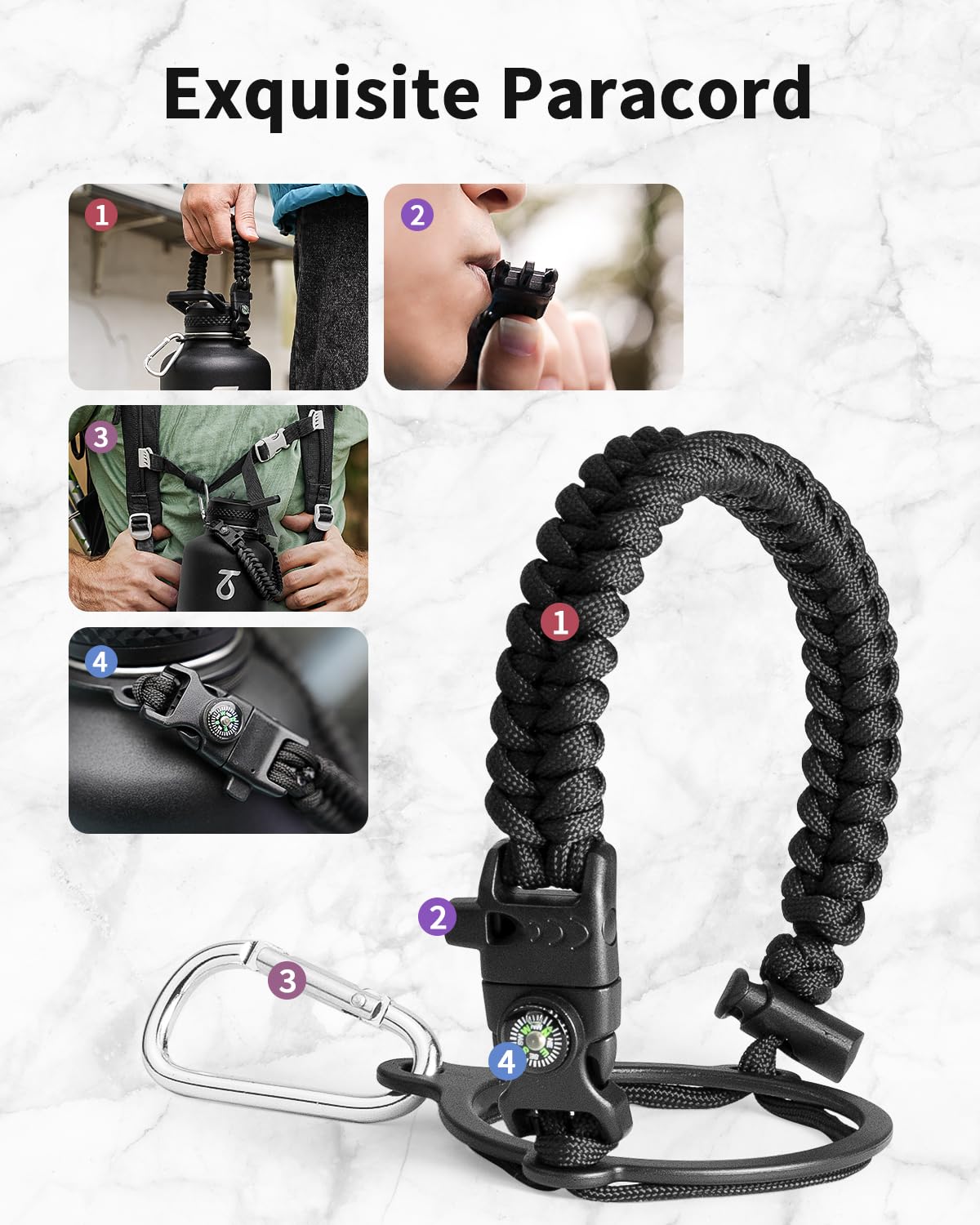 Trebo Half Gallon Water Bottle with Paracord Handle 64oz Wide Mouth Insulated Double Wall Stainless Steel Large Sports Flask Keep Hot 24 Hours & Cold 48 Hours Water Jug with 3 Lids  Black