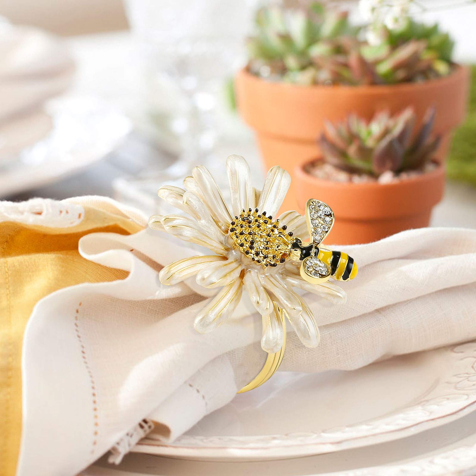 Kesote Daisy Sunflower Napkin Rings Set of 6  Gold Bee Napkin Ring Holders for Formal or Casual Dinning Table Decor