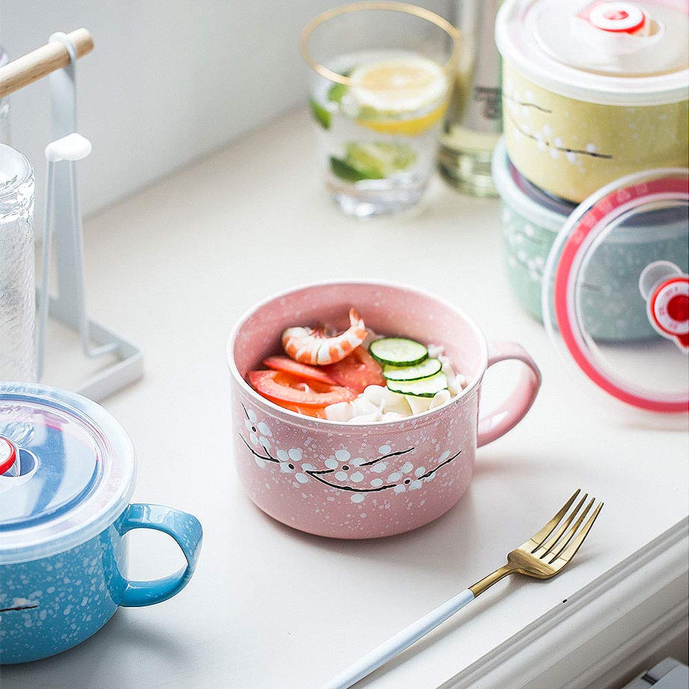 Vanenjoy 30Oz Ceramic Bowl With Lid & Handle,Cherry Blossoms Among Snow Flake Pattern,Microwave For Instant Noodle Sara, Cereal