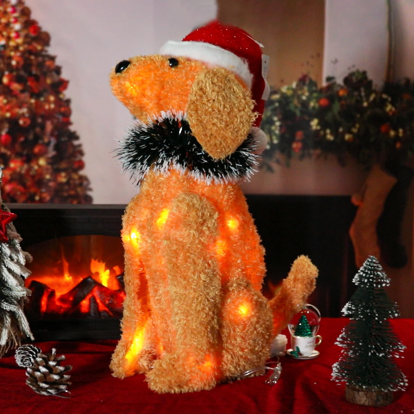 Christmas Lighted Dog Decoration Pre-lit 3D Glittered Fluffy Puppy Battery Operated Lighted Up Sitting Ornament Outdoor Indoor C