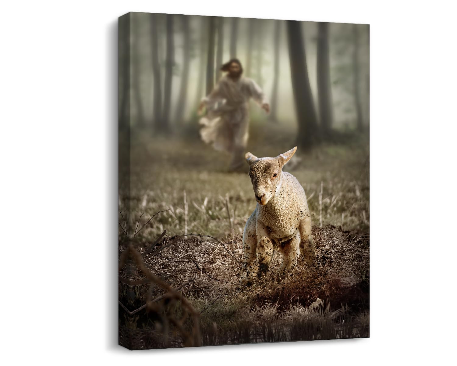 Pinetree Art Christian Wall Decor Jesus and Lamb Canvas Wall Art Religious Inspirational Scripture Jesus Running After Lost Lamb