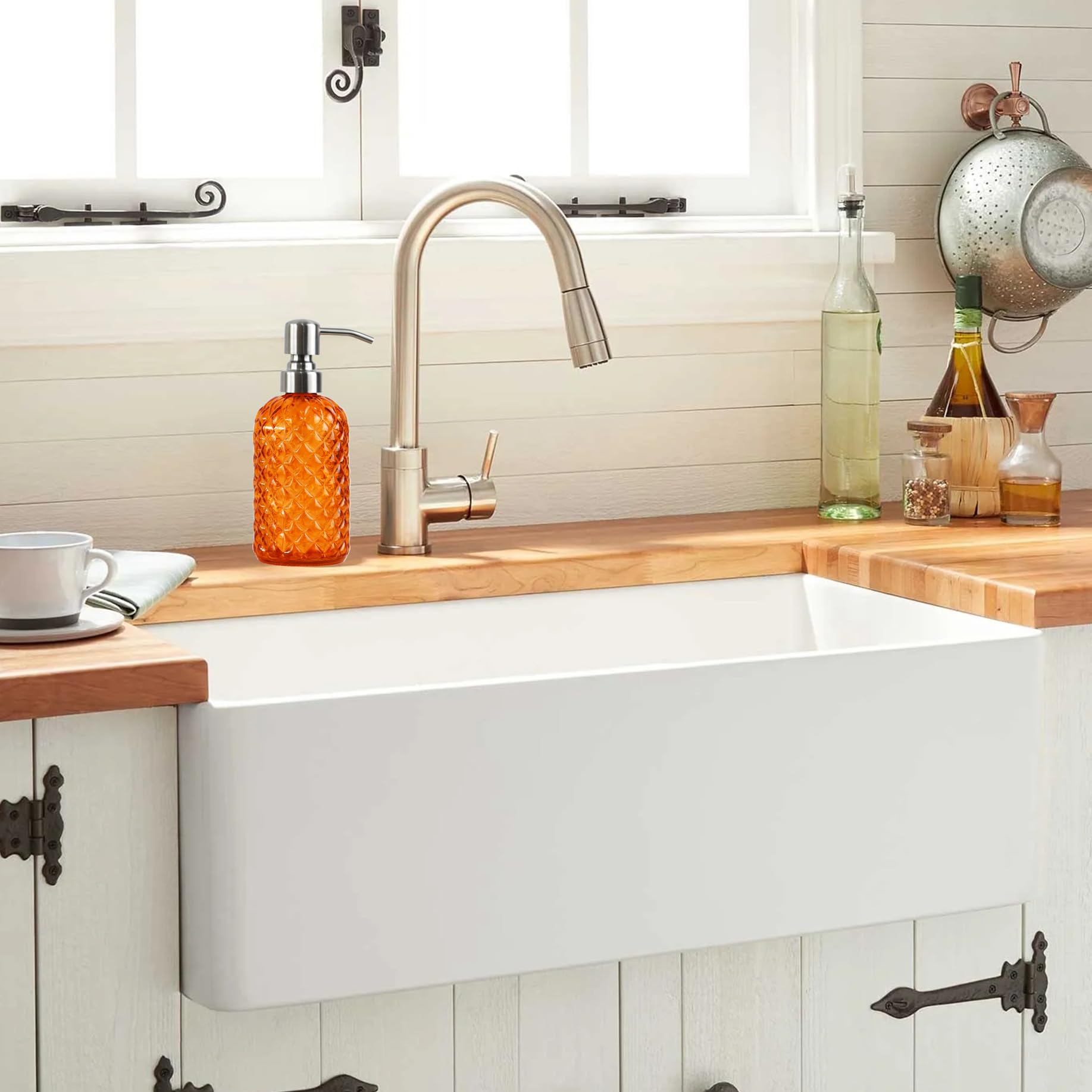 Bathroom & Kitchen Glass Hand And Dish Soap Dispenser With 304 Rustproof Stainless Steel Pump (Orange)