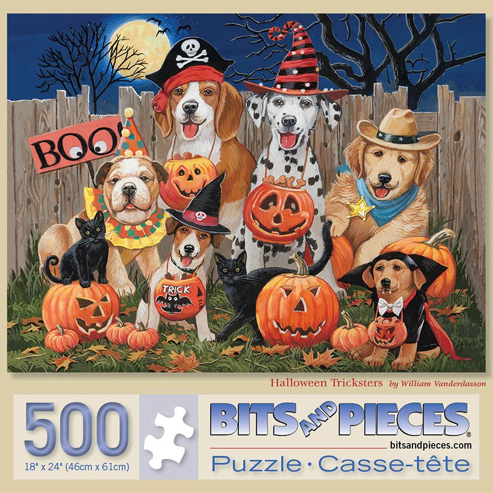 Bits and Pieces - 500 Piece Jigsaw Puzzle for Adults - Halloween Tricksters - Fall Night Holiday Dog Puppy Cat Pumpkin Fence Moo