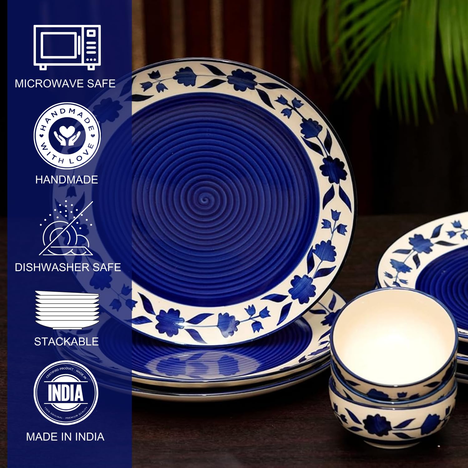 Yourowndcor Handcrafted Ceramic Blue Floral 12 Pieces Dinner Set - 6 Full Plate 10 inch, 6 Serving Bowls 4 inch| Microwave Safe,