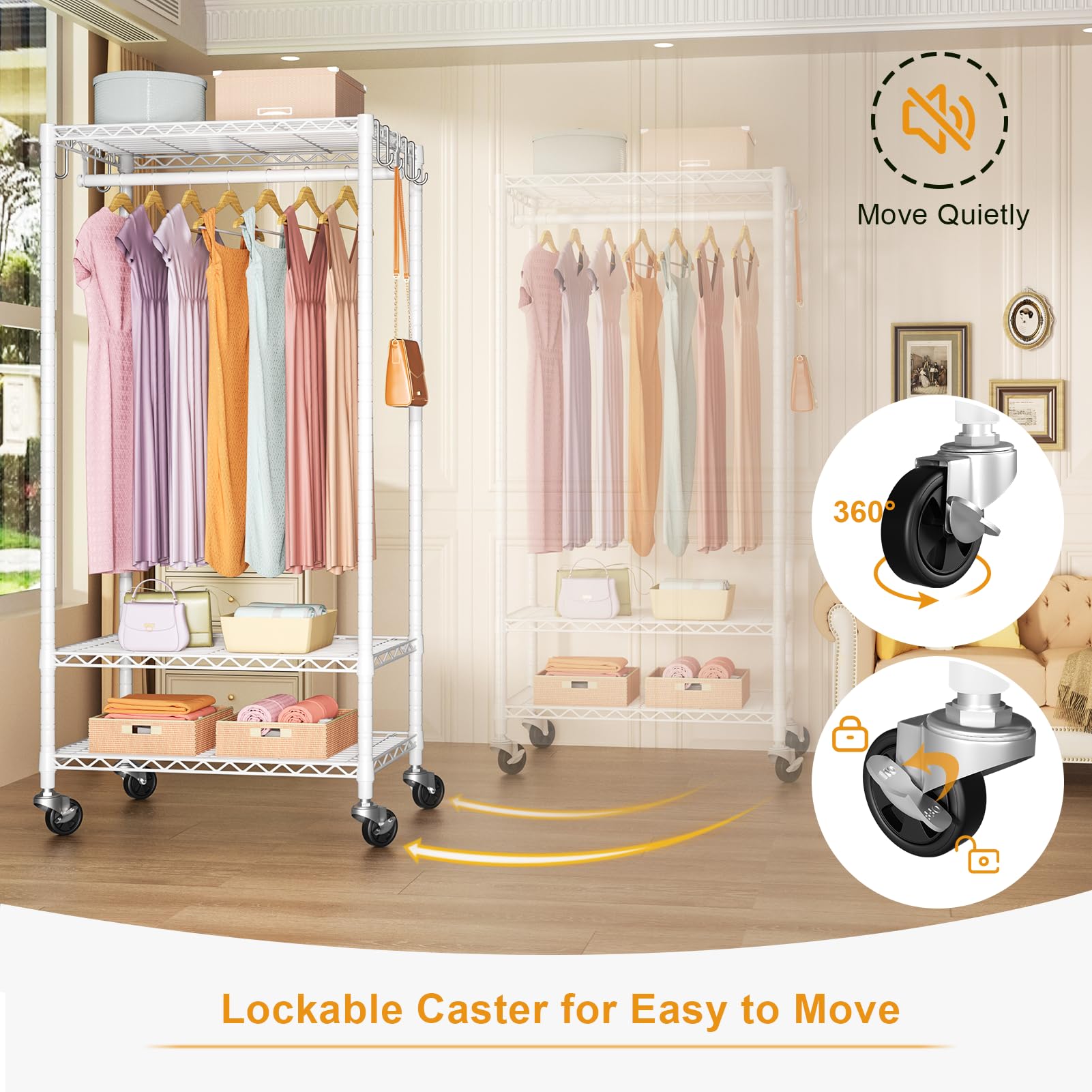 Futassi P6 Medium Rolling Clothes Rack Heavy Duty, Clothing Racks For Hanging Clothes, Freestanding Garment Rack With Wheels, Po