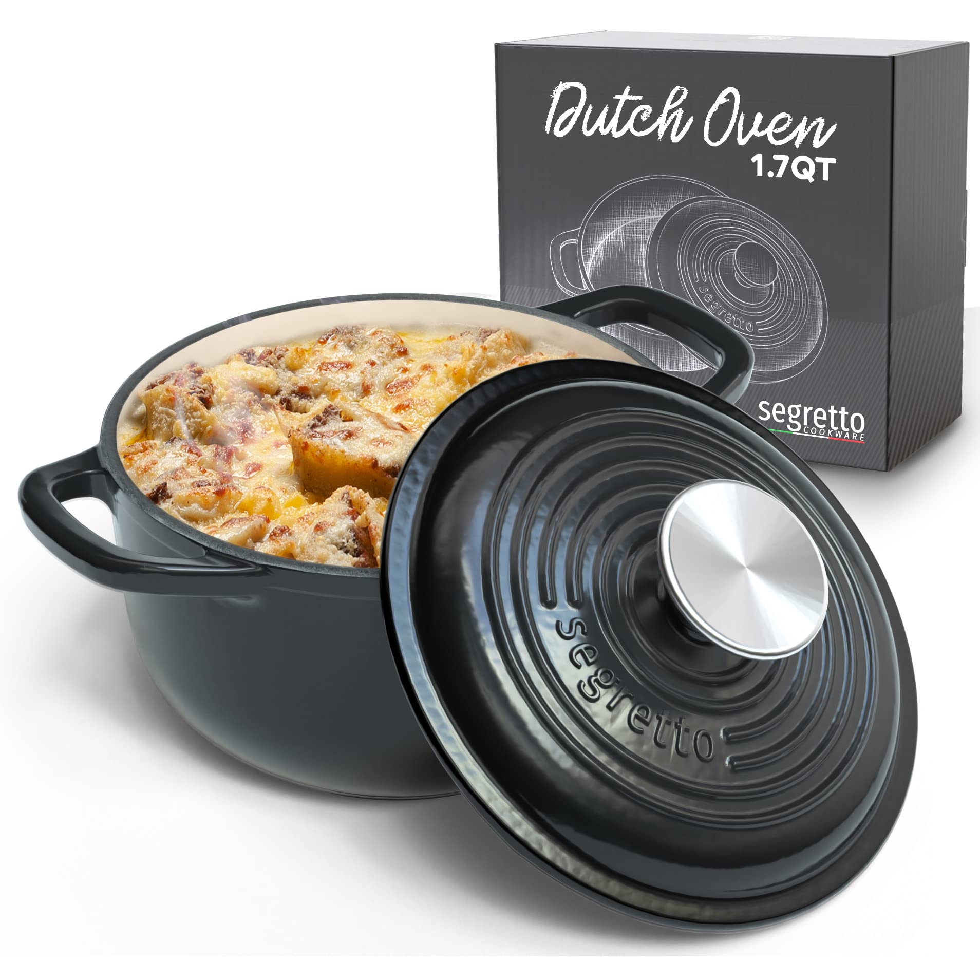 Segretto Cookware Enameled Cast Iron Dutch Oven, 1.7 Quarts, Black