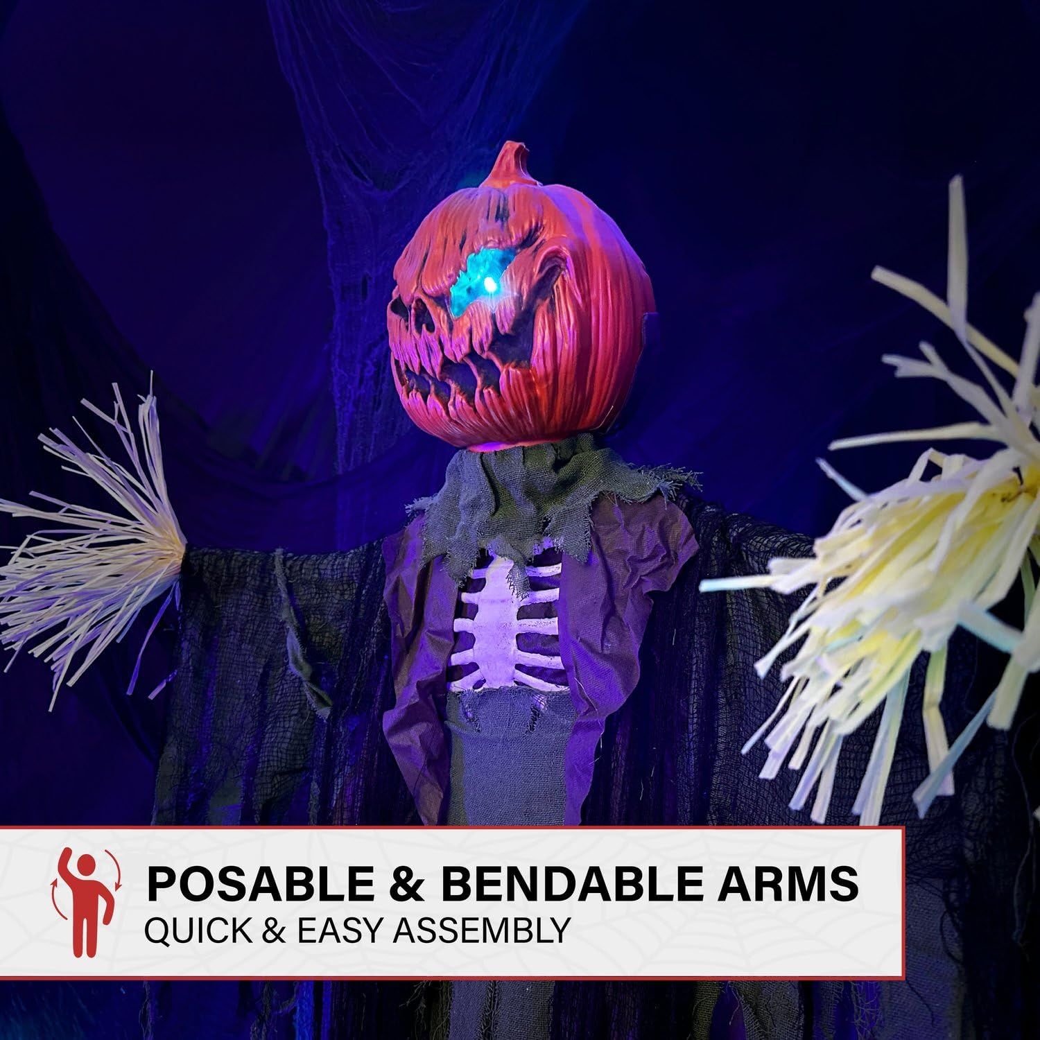 Haunted Hill Farm Life-Size Poseable Pumpkin Scarecrow, Halloween Animatronic with Touch Activated Lights and Sound, Scary Frigh