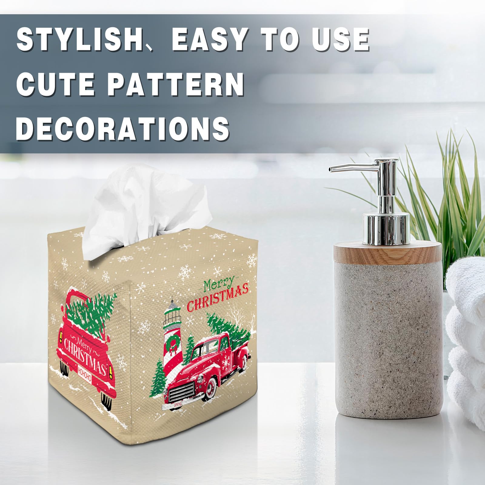 Tissue Box Cover Square Canvas Decorative Tissue Box Holder Cute Funny Cube Tissue Case Cover-Xmas Decor Christmas Car Tissue Bo
