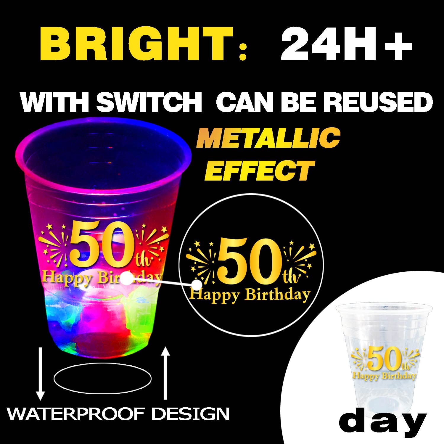 Mishunyus 50Th Birthday Glow Party Cups 24 Pcshappy Birthday 50    Gold Themed Plastic Party Cups For Birthday Parties, Birthday