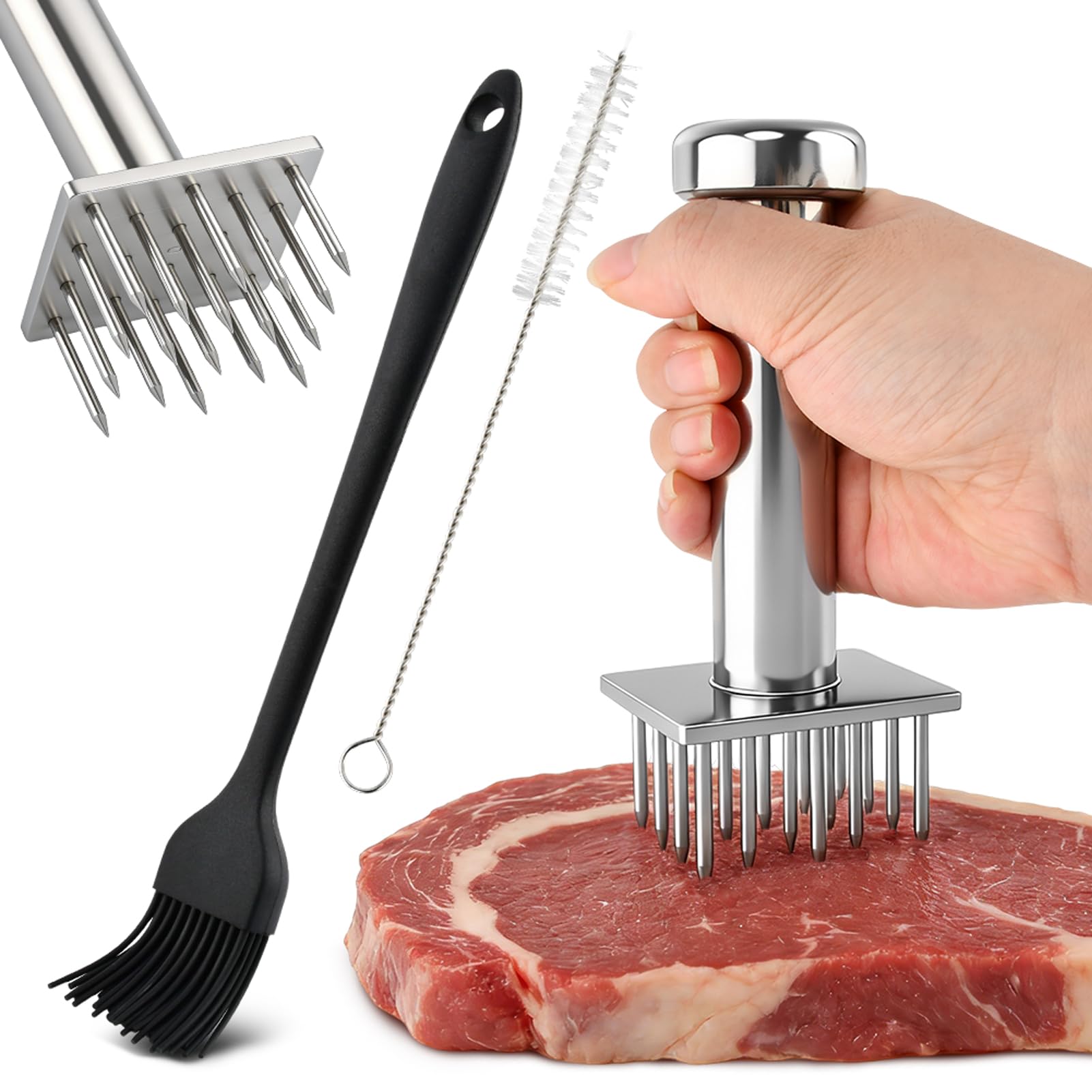Meat Tenderizer Tool Set, Stainless Steel Meat Tenderizer built in 18 Needles for Tenderizing Steak Beef Chicken Pork Barbecue, 