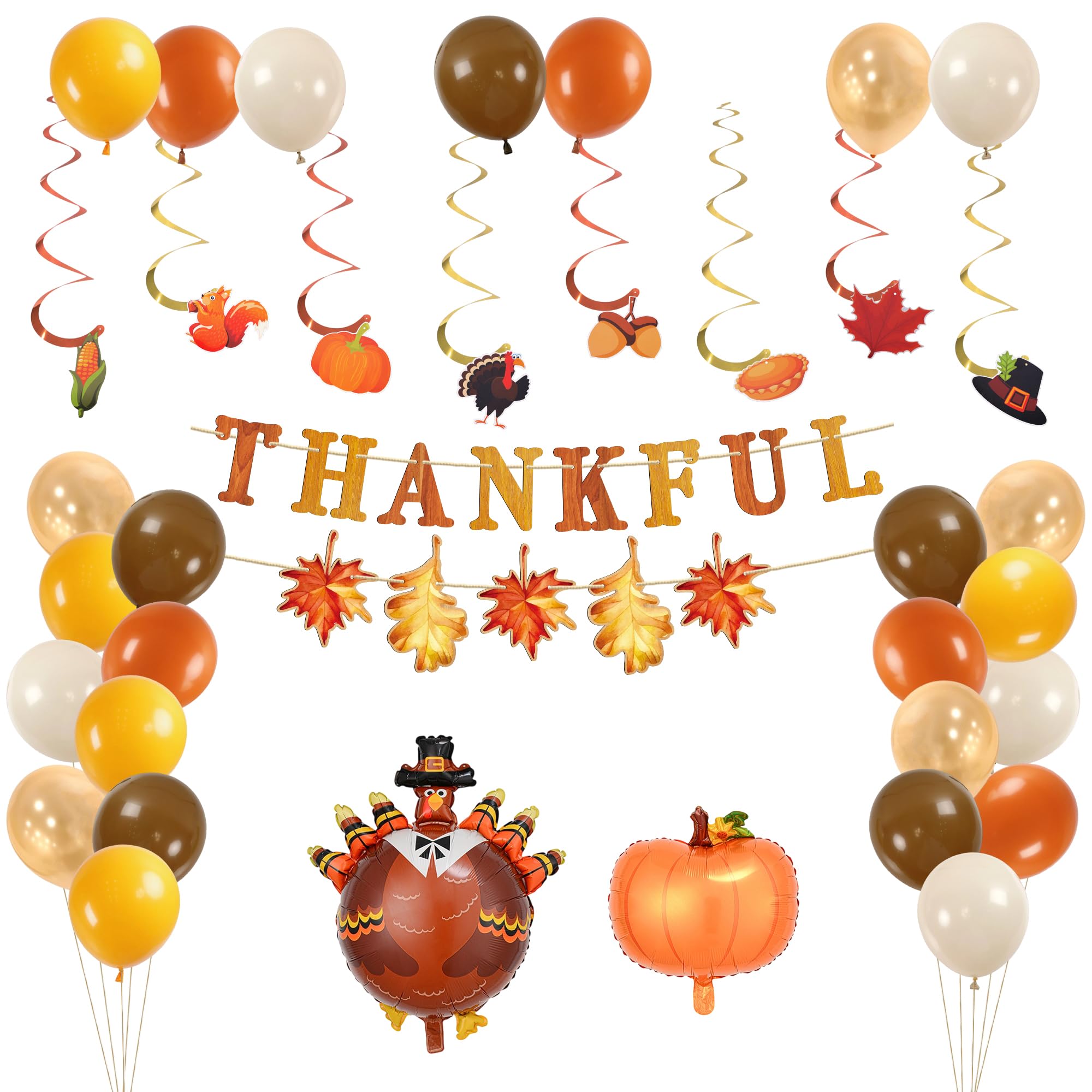 Party to Be Thanksgiving Decorations Set of 30 Pieces Thankful Banner in Wood, Hanging Swirls, Pumpkin and Turkey Balloon Kit Fa