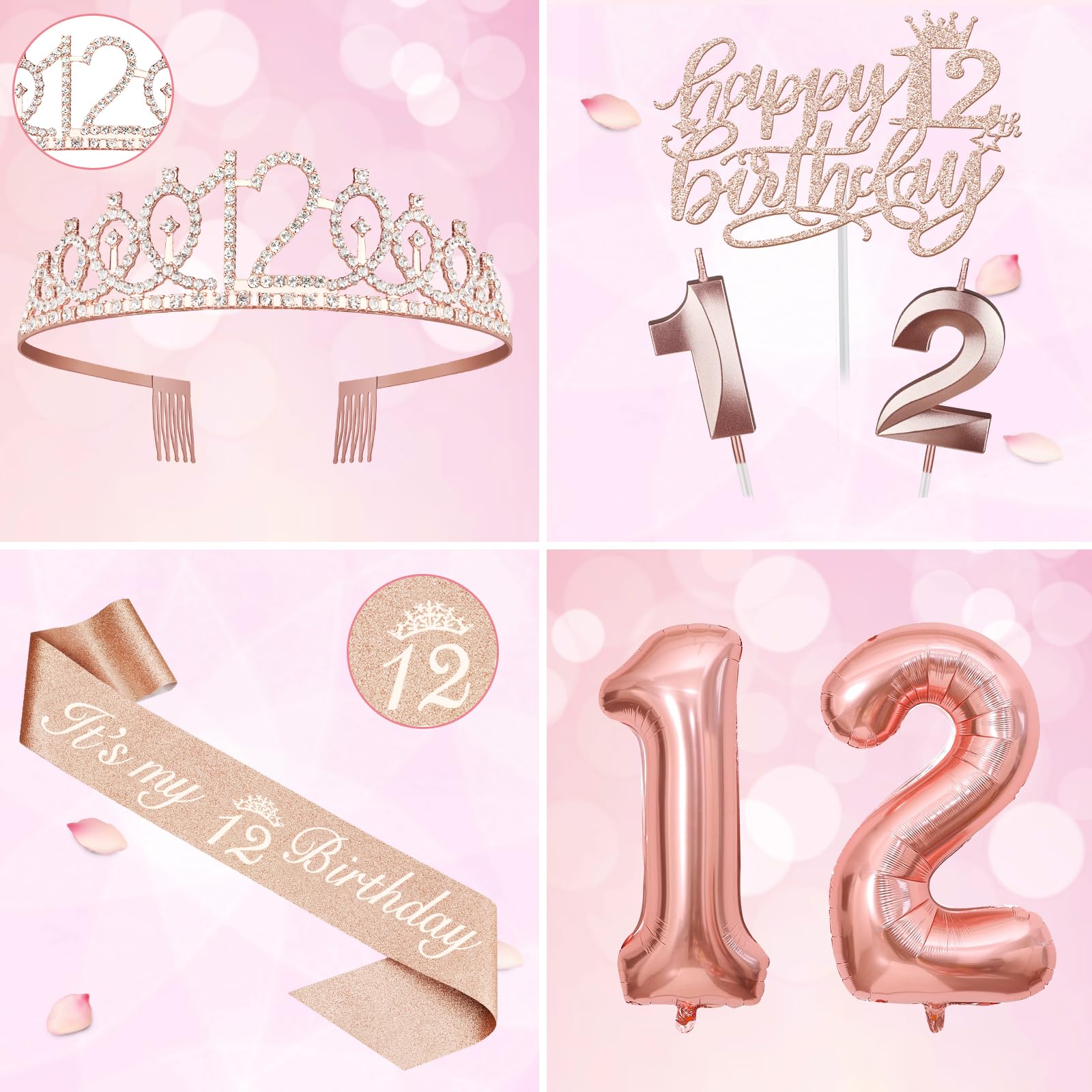 12Th Birthday Decorations For Girls Including 12Th Birthday Sash, Crown/Tiara, Candles And Cake Toppers, Number 12 Balloons, Ros