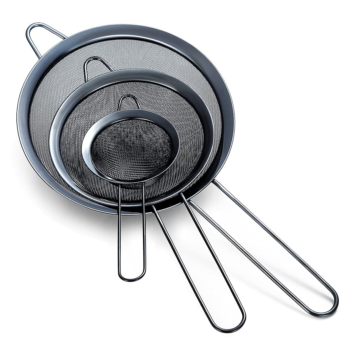 Black Fine Mesh Strainer 3 Pieces Set, Black Flour Sifter For Baking, Stainless Steel Clander, Black Matcha Tea Strainer, Gravy
