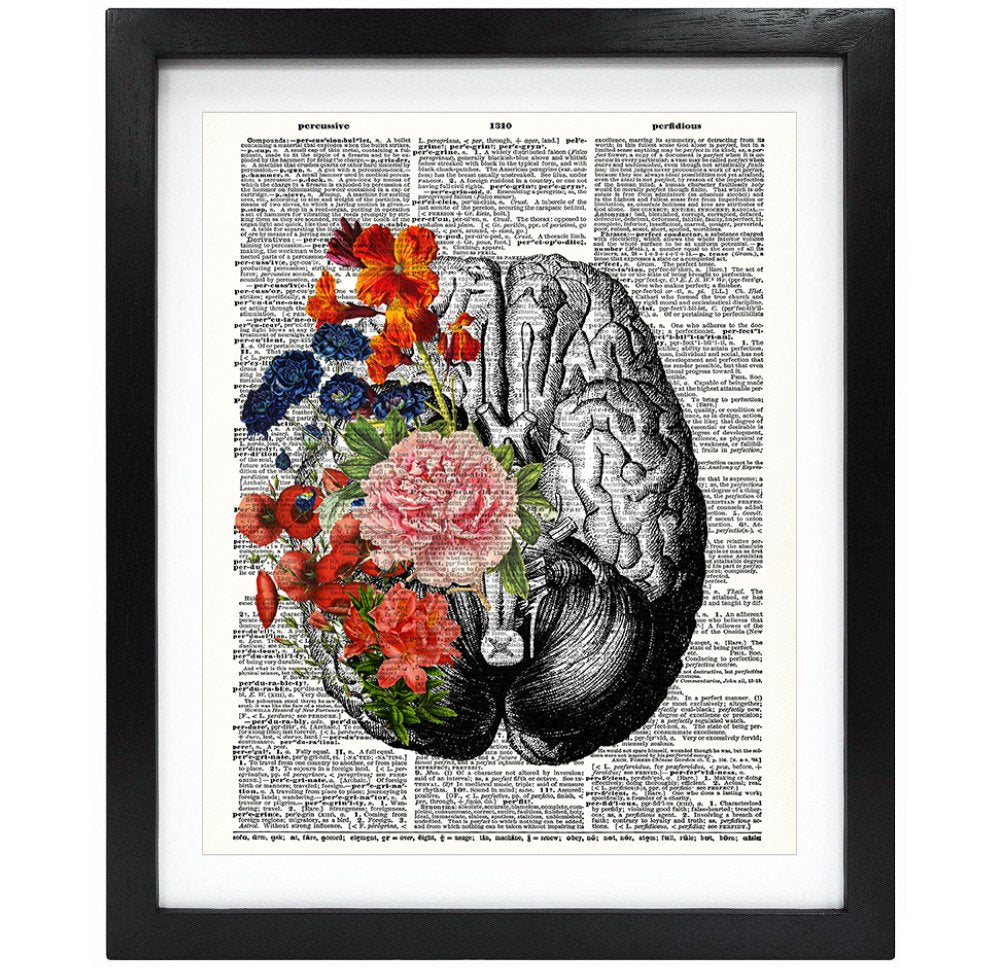 Susie Arts 8X10 Unframed Human Brain With Flowers Springtime Mind Vintage Upcycled Dictionary Art Print Book Art Print Home Deco