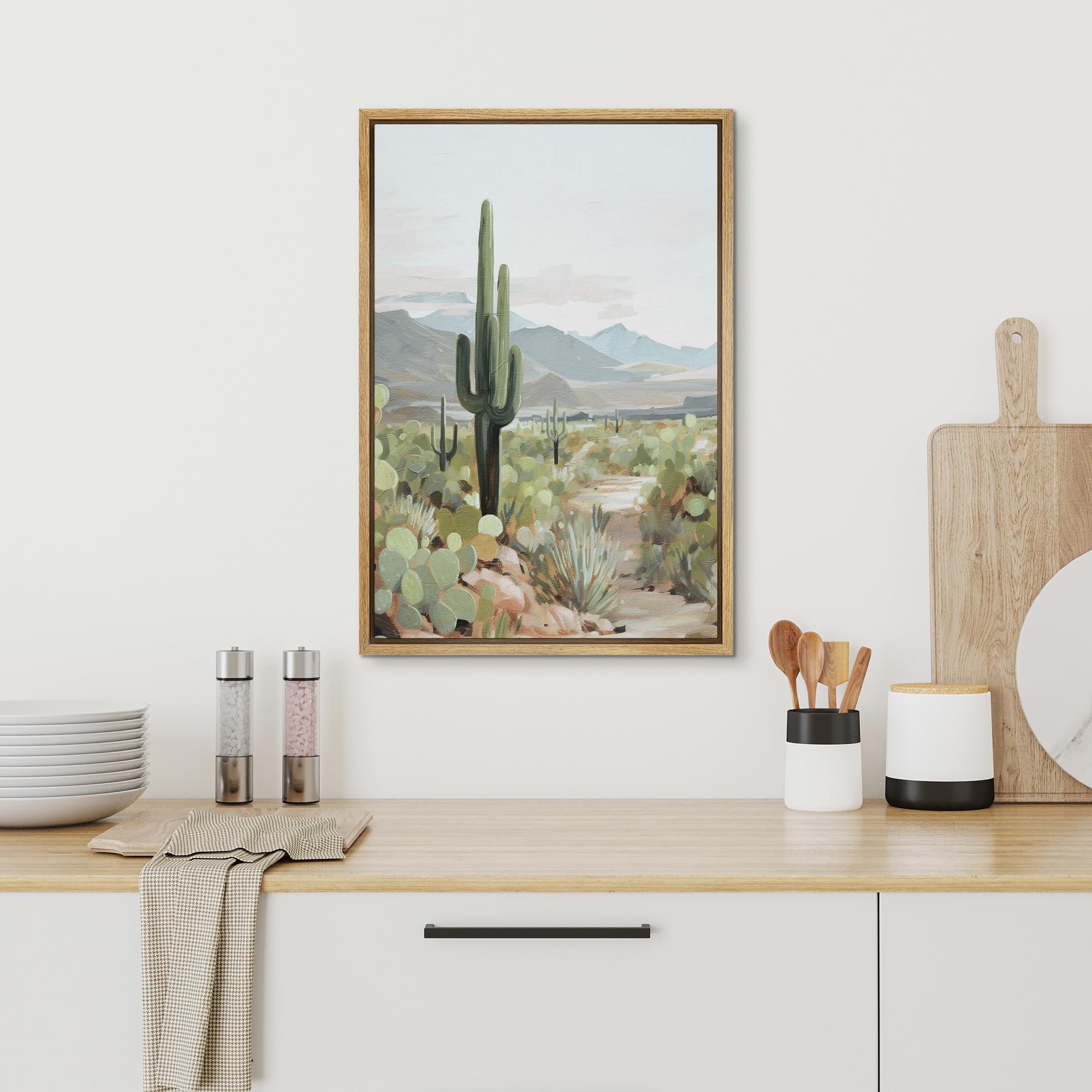 Signford Framed Canvas Print Wall Art Serene Desert Landscape With Tall Cactus Nature Wilderness Illustrations Modern Art Decora