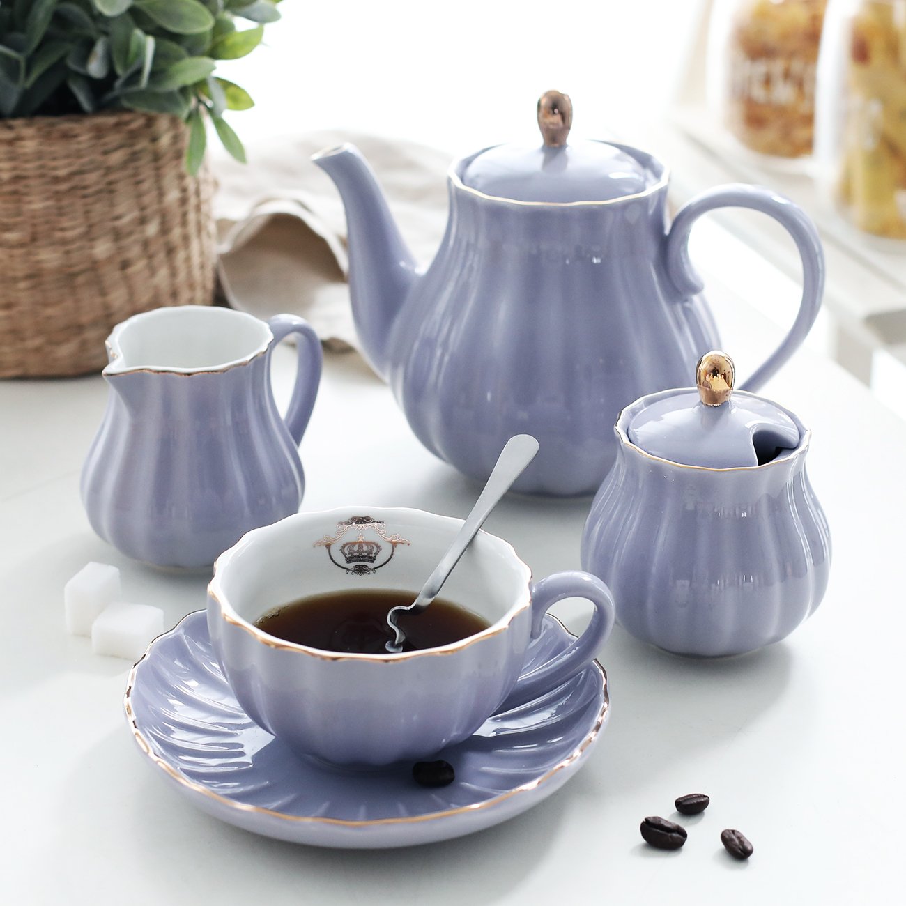 Porcelain Tea Sets British Royal Series, 8 Oz Cups& Saucer Service For 6, With Teapot Sugar Bowl Cream Pitcher Teaspoons And Tea
