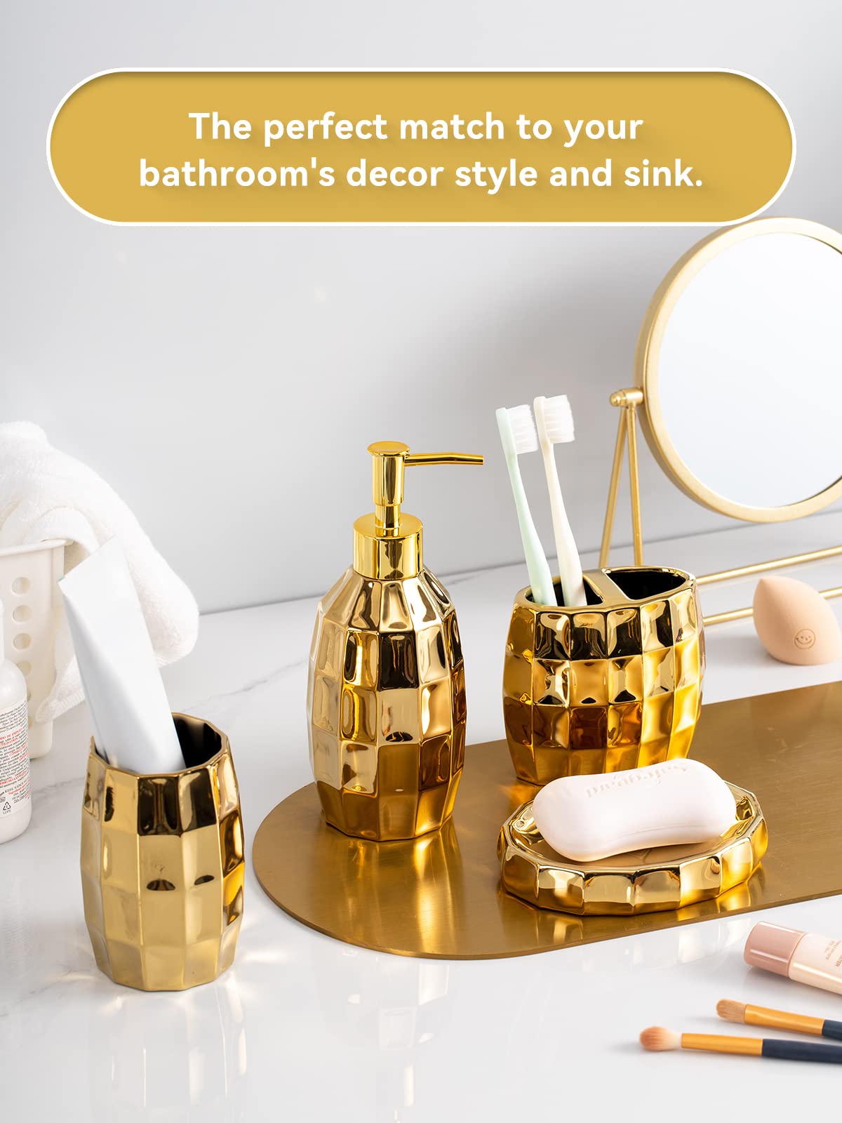 Bathroom Accessories Set, Golden Mosaic Ceramic Bathroom Accessory Sets Include Lotion Dispenser, Toothbrush Holder Tumbler, And