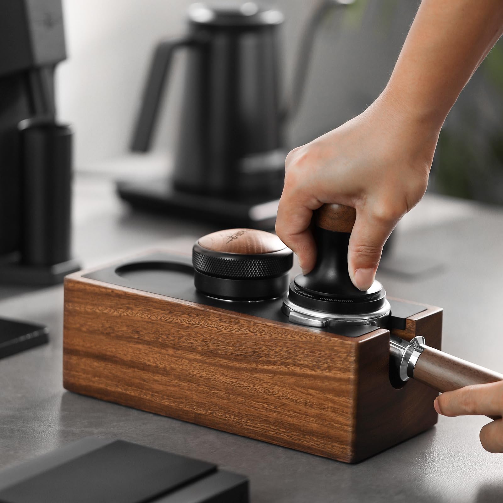 Mhw-3Bomber Espresso Tamping Station, 4 In 1 Walnut Espresso Organizer Box With Magnetic Drawer For Storage 51Mm, 54Mm, 58Mm Esp