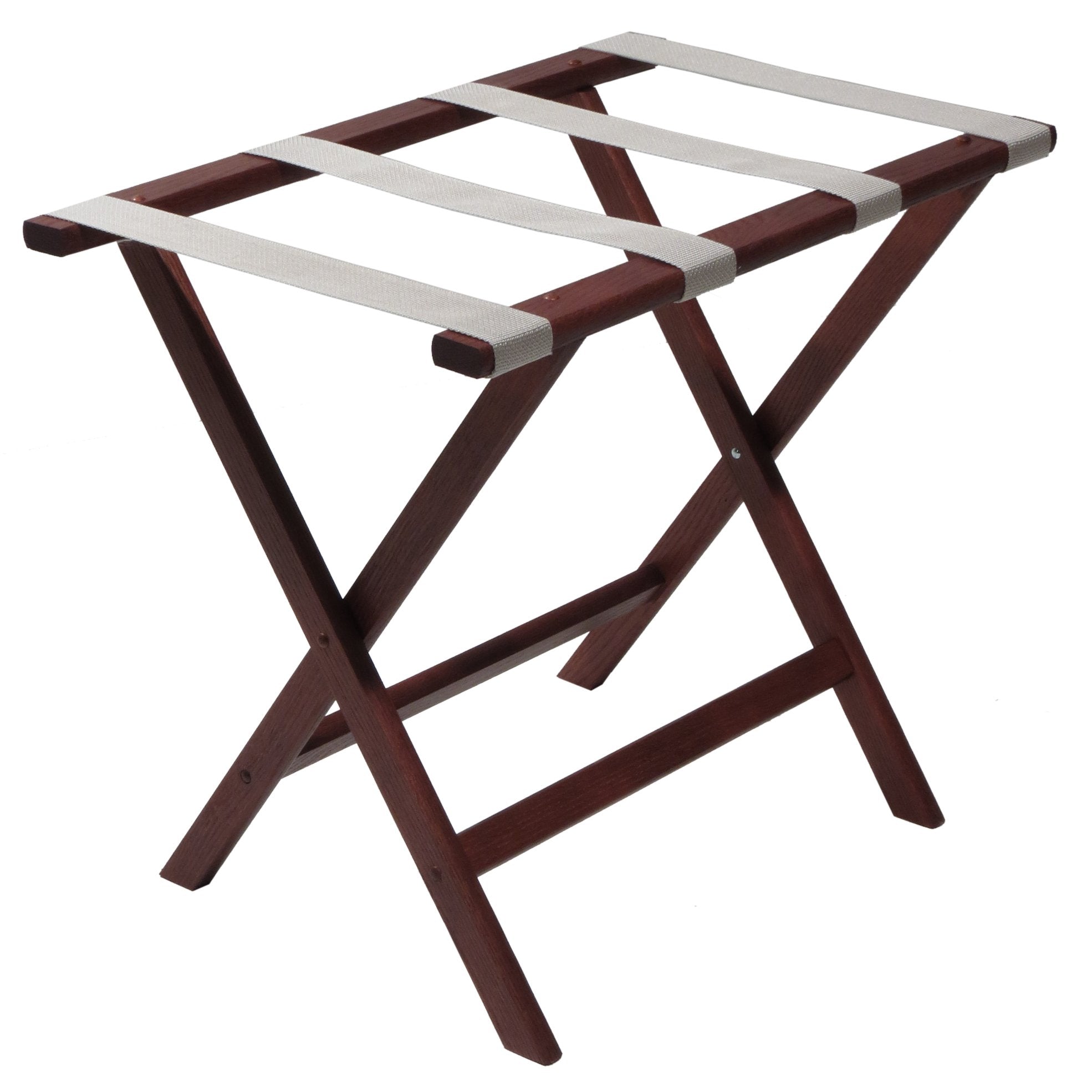 Wooden Mallet Deluxe Straight Leg Luggage Rack  Silver Straps  Mahogany